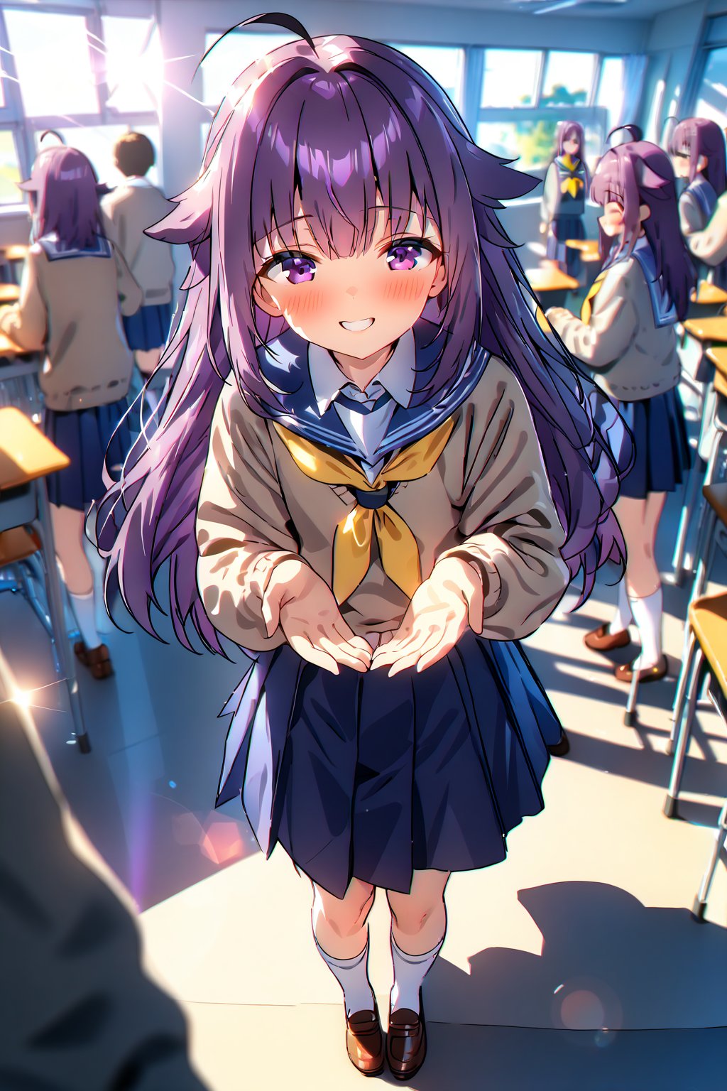 masterpiece, best quality,(1girl), solo,(depth of field),(solo focus),8K,HDR,(ultra high res),(highres),(full body),(full body),(perfect lighting),(lens flare),smiles,blush,(nice hands),(KJOANKO),(ahoge),(bangs),(purple hair),(long hair),(purple eyes),(hair flaps ),(blue sailor collar),(open cardigan),(collared shirt),(grey sweater),(yellow neckerchief),(long sleeves ),(serafuku),(blue skirt),(white socks),(brown footwear),(loafers),(school),(classroom),