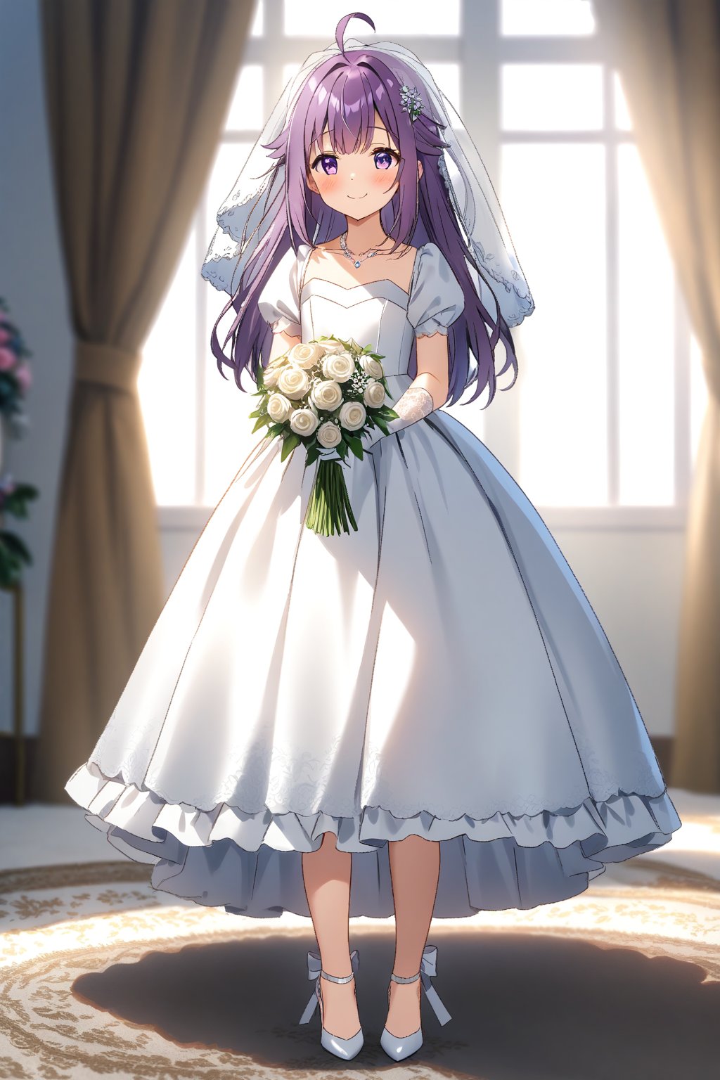 masterpiece, best quality,(1girl), solo,(depth of field),(solo focus),8K,HDR,(ultra high res),(highres),(full body),(lens flare),smiles,blush,(closed mouth), (KJOANKO),(ahoge),(bangs),(purple hair),(long hair),(purple eyes),(collarbone),(hair ornament),(wedding dress), (white dress),(puffy short sleeves),(frilled dress),(white shirt),(skirt), ((white gloves),(lace-trimmed gloves)),(elbow gloves), necklace,jewelry,(white footwear),(high heels), indoors,standing,room, window, curtains, carpet,veil,(holding bouquet),