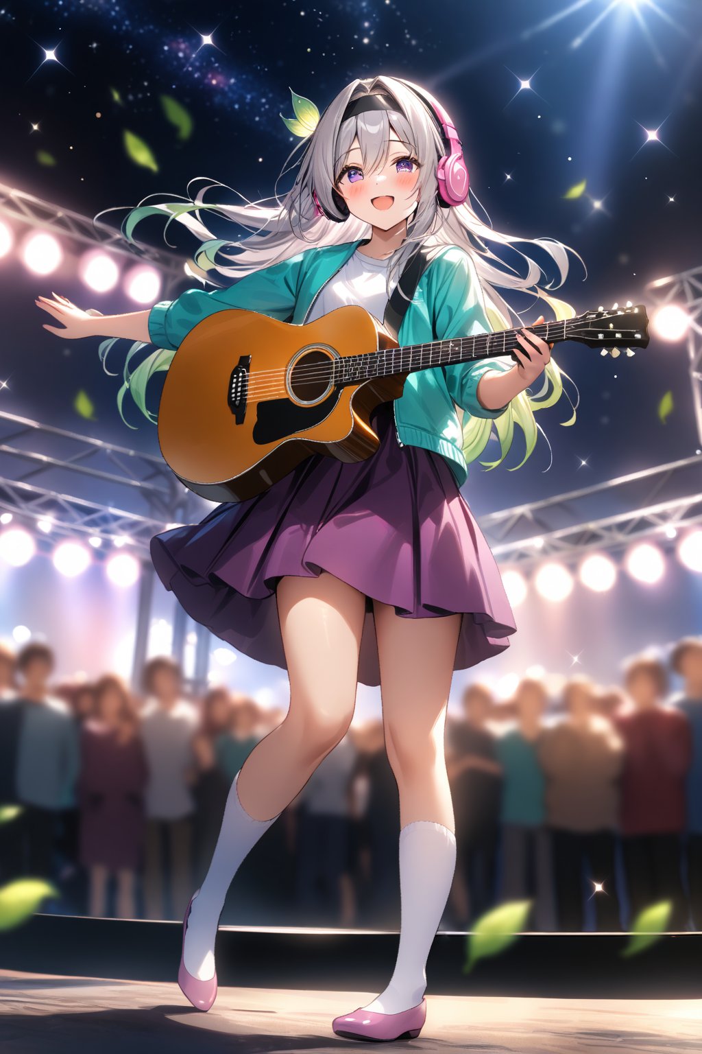 masterpiece, best quality,(1girl), solo,(depth of field),(solo focus),8K,HDR,(ultra high res),(highres),(full body),(lens flare),smiles,blush,Firefly,(parted bangs),(purple eyes),(grey hair),(gradient hair),(hair intakes),(long hair),(black hairband),(leaf hair ornament),(black ribbon),(hair between eyes),(aqua jacket),(white shirt),(purple skirt),(white socks),(pink footwear),(flats),(pink headphones),(outdoors),(holding guitar),(electric guitar),music, singing,(stage),(stage lights),(star (sky)),sparkle,(scaffolding),(standing),audience,glowstick,(outstretched arm),(feet out of frame),(leg up)