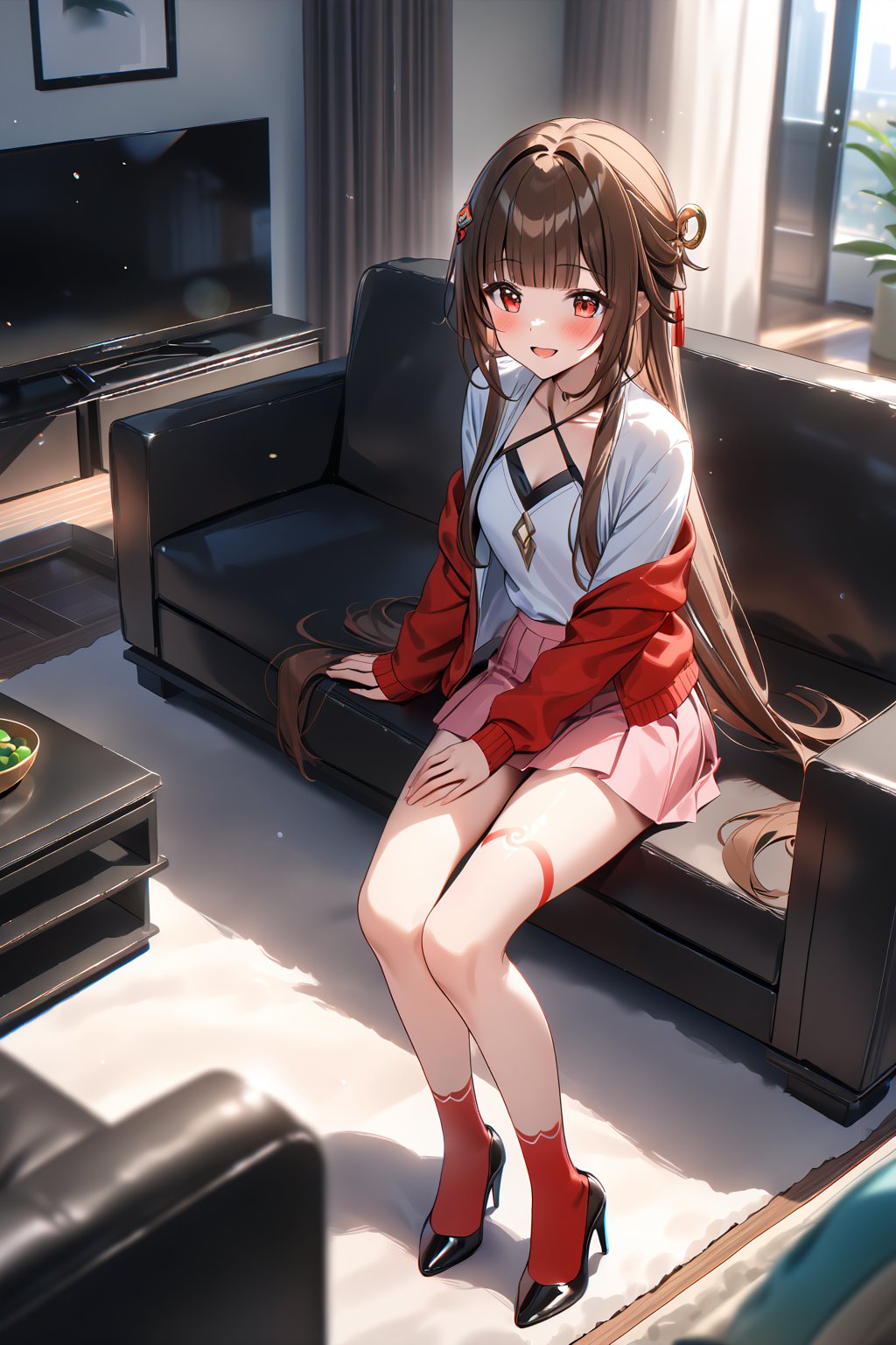 masterpiece, best quality,(1girl), solo,(depth of field),(solo focus),8K,HDR,(ultra high res),(highres),(full body),(lens flare),smiles,blush,(lingsha),(blunt bangs),(brown hair),(very long hair),(red eyes),sidelocks,(hair ornament),(jewelry),(halterneck),(red cardigan),(open cardigan),(white shirt),(collarbone),(pink skirt),(red socks),(black footwear),(high heels),(leg tattoo),(handbag),indoors,(living room),(shelf),(air condition),(modern room),(curtain),carpet,(sitting on couch),