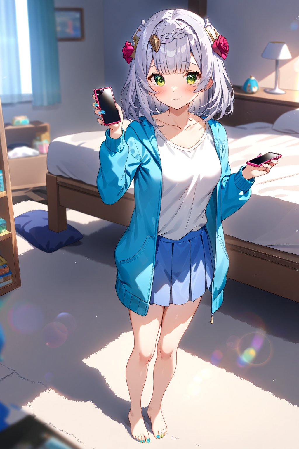 masterpiece, best quality,(1girl), solo,(depth of field),(solo focus),8K,HDR,(ultra high res),(highres),(full body),(lens flare),smiles,blush,(closed mouth),(noelle \(genshin impact\)),(green eyes),(blunt bangs),(grey hair),(braided bangs),(crown braid),(medium breasts),(medium hair),(red roses hair ornament),(gold nails),(alternate costume),(aqua blue jacket), (open jacket),(long sleeves),(white shirt),(blue skirt),(collarbone),(barefoot),(toenail polish),(silver nails),(no shoes),(standing),(indoors),(messy room),(shelf),(curtains),(carpet),(bed),(window),(holding phone),