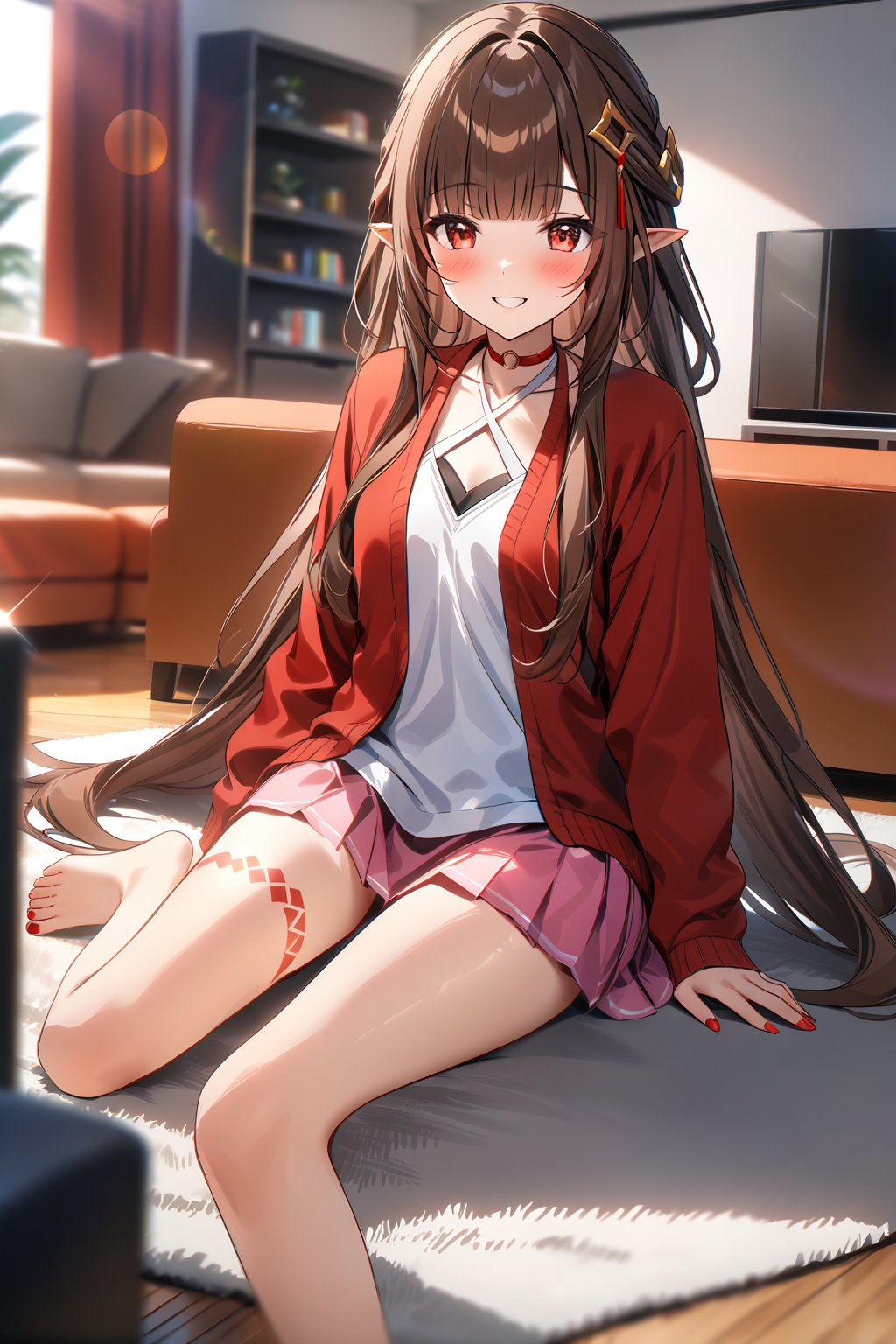 masterpiece, best quality,(1girl), solo,(depth of field),(solo focus),8K,HDR,(ultra high res),(highres),(full body),(lens flare),smiles,blush,(lingsha),(blunt bangs),(brown hair),(very long hair),(red eyes),(pointy ears ),sidelocks,(hair ornament),(jewelry),(halterneck),(red cardigan),(open cardigan),(white shirt),(collarbone),(pink skirt),(red socks),(barefoot),(toenail polish),(red nails),(leg tattoo),(handbag),indoors,(living room),(shelf),(air condition),(modern room),(curtain),carpet,(sitting on couch),