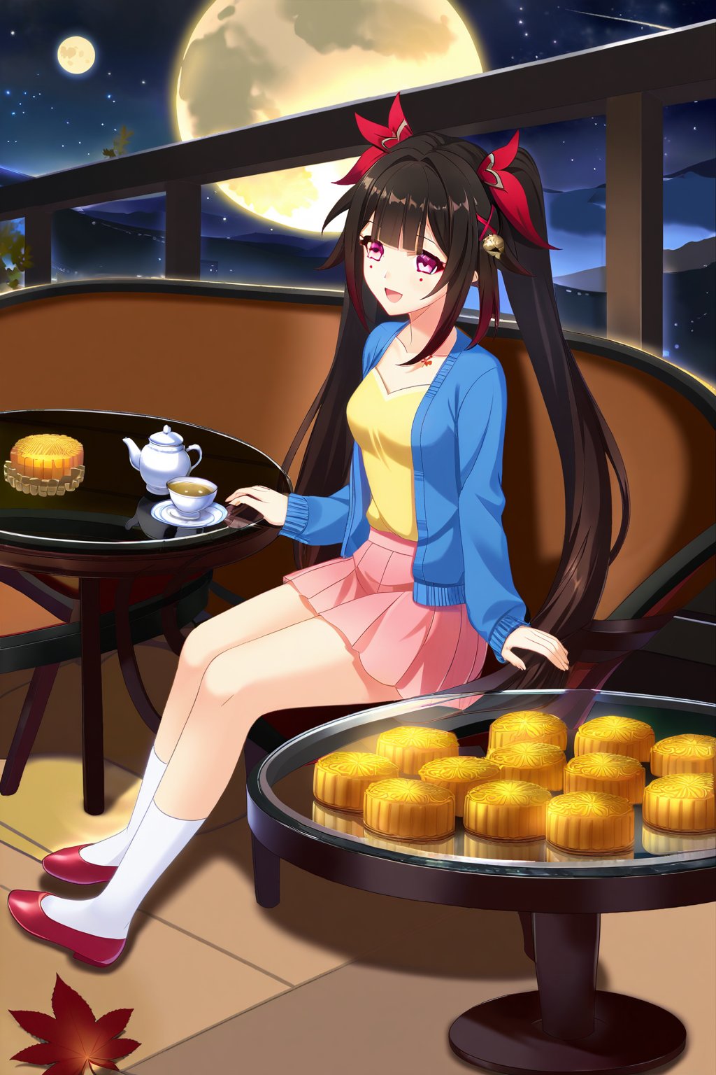 (sparkle \(honkai: star rail\)),(wispy bangs),(dark brown hair),(pink eyes),(very long hair),(twintails),(hair between eyes),(hair ornament),(blue cardigan),(open cardigan),(yellow shirt),(long sleeves),(pink skirt),(white socks),(red footwear),(flats),,(mid-autumn festival),(sky lantern),(sitting),(on chair),(armchair),(balcony),(((brown mooncake),food)on plate),(holding mooncake),(maple leaf),(teacup),(teapot),(sanbou),(tsukimi dango),((glass table),(round table)),(gold osmanthus),(yellow flower),(night sky),(star \(sky\)),(full moon),(culture),china,(tile floor)