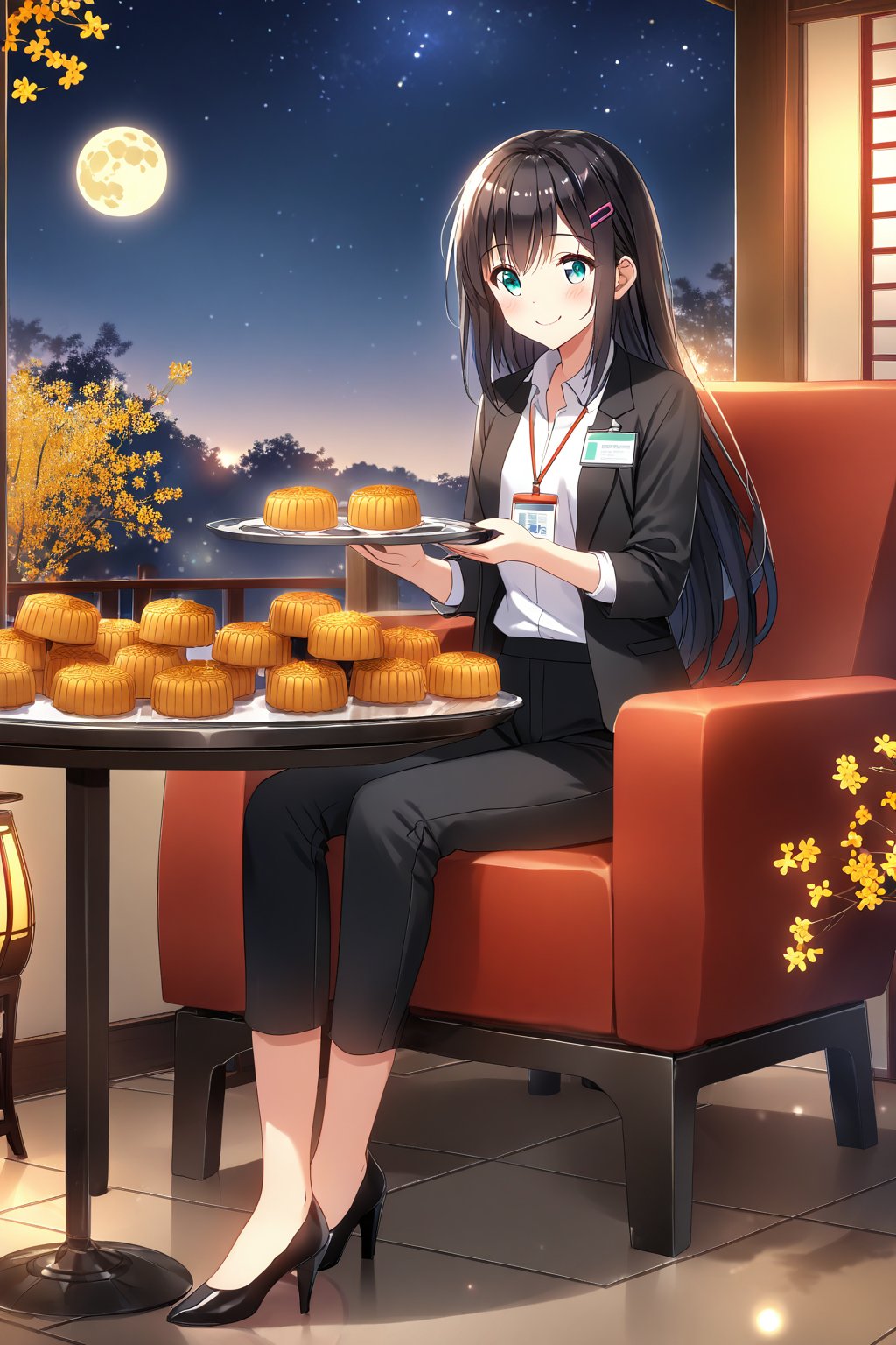 masterpiece, best quality,(1girl), solo,(depth of field),(solo focus),8K,HDR,(ultra high res),(highres),(full body),(full body),(lens flare),smiles,blush,(nice hands), (black hair),(long hair), bangs,(aqua eyes),(hairclip),(id card),(strap),(black jacket),(open jacket),(white shirt),(collared shirt),(black pants),(pencil pants),(black footwear),(high heels),(mid-autumn festival),(sky lantern),(sitting),(on chair),(armchair),(balcony),(((brown mooncake),food)on plate),(holding mooncake),(maple leaf),(teacup),(teapot),(sanbou),(tsukimi dango),((glass table),(round table)),(gold osmanthus),(yellow flower),(night sky),(star \(sky\)),(full moon),(culture),china,(tile floor),