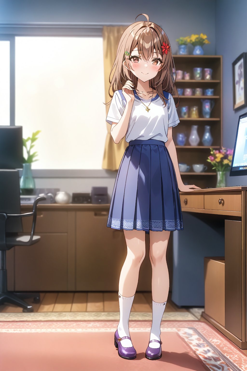 score_9, score_8_up, score_7_up, source_anime, masterpiece, best quality,(1girl), solo,(depth of field),(solo focus),8K,HDR,(ultra high res),(highres),(full body),(lens flare),smiles,blush,(closed mouth),(maria mikhailovna kujou),(ahoge),(brown hair),(long hair),(brown eyes),(hair between eyes),(hair ornament),(hair flower),(hairclip),(casual),(white shirt),(blue skirt),(short sleeves),necklace,jewelry,(white socks),(purple footwear),(mary janes),(indoors),(standing),(room),carpet,curtain,shelf,(computer),(table),(chair),(vase)