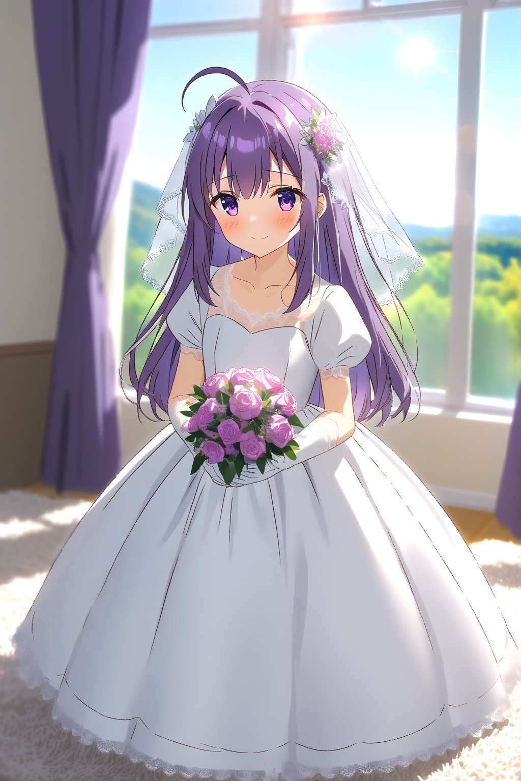 masterpiece, best quality,(1girl), solo,(depth of field),(solo focus),8K,HDR,(ultra high res),(highres),(full body),(lens flare),smiles,blush,(closed mouth), (KJOANKO),(ahoge),(bangs),(purple hair),(long hair),(purple eyes),(collarbone),(hair ornament),(wedding dress), (white dress),(puffy short sleeves),(frilled dress),(white shirt),(skirt), ((white gloves),(lace-trimmed gloves)),(elbow gloves), necklace,jewelry,(white legwear),(no shoes), indoors,standing,room, window, curtains, carpet,veil,(holding bouquet),