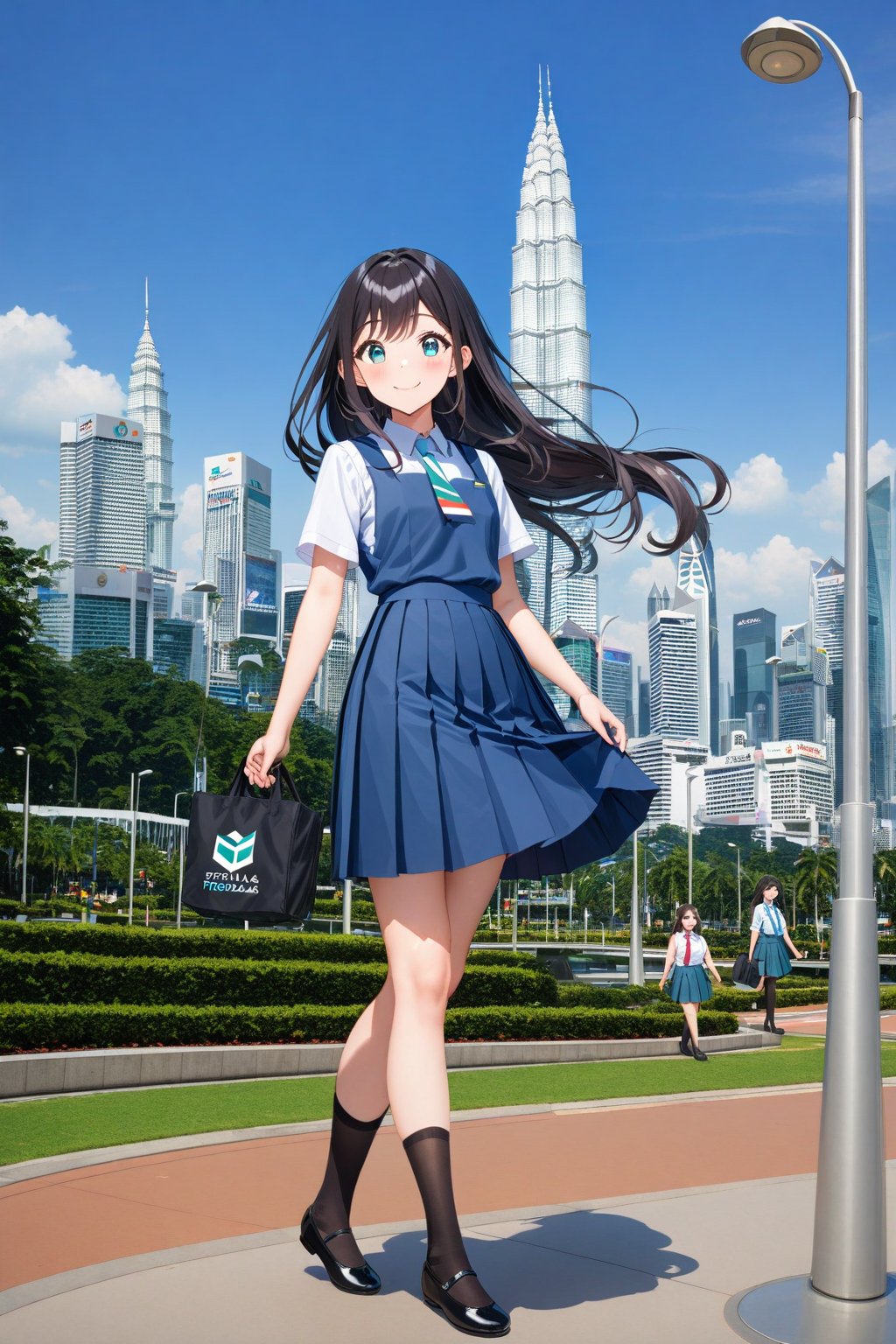 masterpiece, best quality,(1girl), solo,(depth of field),(solo focus),8K,HDR,(ultra high res),(highres),(full body),(lens flare),smiles,blush,(closed mouth),(black hair), (long hair),(aqua eyes),(floating hair), sidelocks,(malaysian secondary school uniform),(schoollogo),(school's logo on right side (pinafore dress)),(aqua blue skirt),(blue pinafore),(collared shirt),(white shirt),(short sleeves),(black socks),(black footwear),(ballet flats),(standing),(outdoors),(cityspace),(holding bag),(lamppost),urban,(petronas twins tower),KLCC,(Kuala Lumpur countryside),(Kuala Lumper Tower),Malaysia,(blue sky),