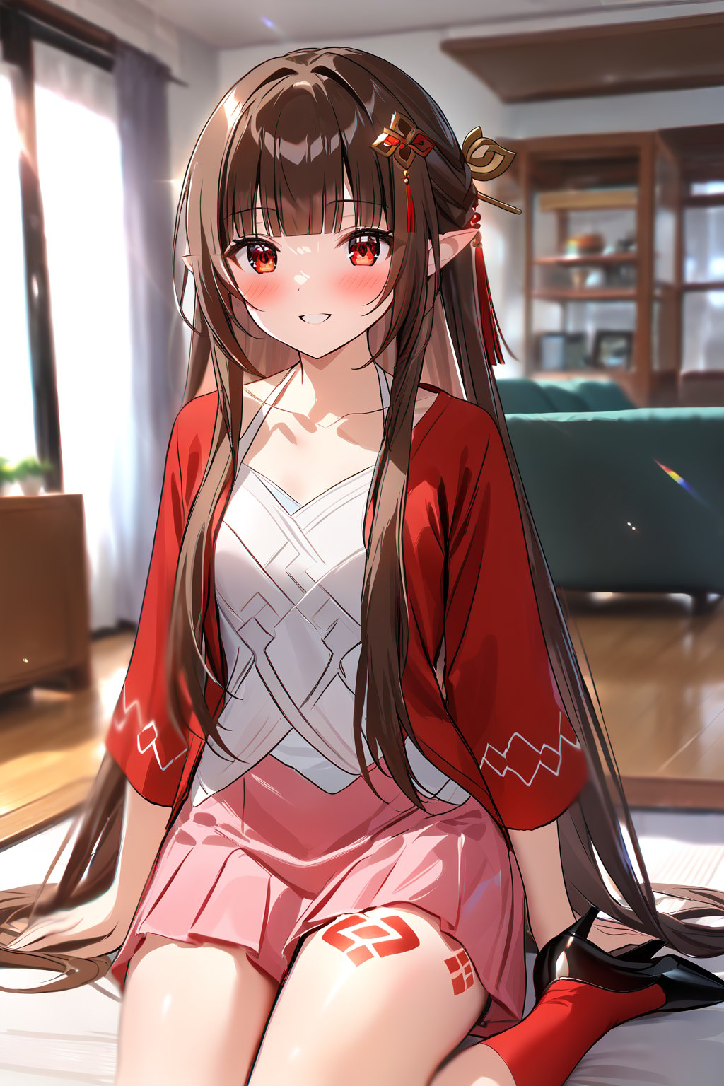 masterpiece, best quality,(1girl), solo,(depth of field),(solo focus),8K,HDR,(ultra high res),(highres),(full body),(lens flare),smiles,blush,(lingsha),(blunt bangs),(brown hair),(very long hair),(red eyes),(pointy ears ),sidelocks,(hair ornament),(jewelry),(halterneck),(red cardigan),(open cardigan),(white shirt),(collarbone),(pink skirt),(red socks),(black footwear),(high heels),(leg tattoo),(handbag),indoors,(living room),(shelf),(air condition),(modern room),(curtain),carpet,(sitting on couch),