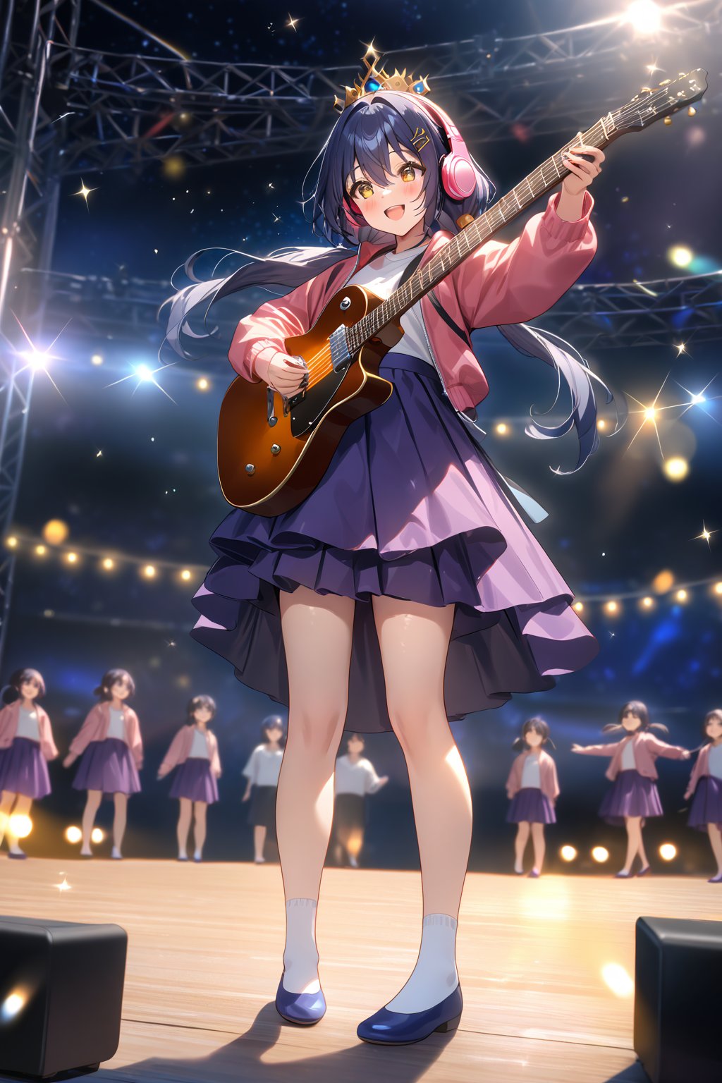 masterpiece, best quality,(1girl), solo,(depth of field),(solo focus),8K,HDR,(ultra high res),(highres),(full body),(lens flare),smiles,blush,(yunli),(dark blue hair),(short hair with long locks),(low twintails),(yellow eyes),(hair between eyes),(single earrings),(crown),(hairclip),(headpiece),(hair ornament),(low ponytail),(double ponytail),(pink jacket),(white shirt),(purple skirt),(white socks),(blue footwear),(flats),(pink headphones),(outdoors),(holding guitar),(electric guitar),music, singing,(stage),(stage lights),(star (sky)),sparkle,(scaffolding),(standing),audience,glowstick,(outstretched arm),(feet out of frame),(leg up)