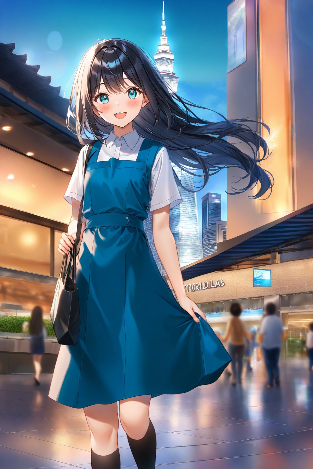 masterpiece, best quality,(1girl), solo,(depth of field),(solo focus),8K,HDR,(ultra high res),(highres),(full body),(lens flare),smiles,blush,(black hair), (long hair),(aqua eyes),(floating hair), sidelocks,(malaysian secondary school uniform),(schoollogo),(school's logo on right side (pinafore dress)),(aqua blue skirt),(blue pinafore),(collared shirt),(white shirt),(short sleeves),(black socks),(black footwear),(ballet flats),(standing),(outdoors),(cityspace),(holding bag),(lamppost),(building),urban,(petronas twin tower),(Longhouse),(national airport tower),KLCC,(Kuala Lumpur countryside),(Kuala Lumper Tower),Malaysia,(blue sky),landmarks,night,firework,(Hibiscus rosa-sinensis),flower,street