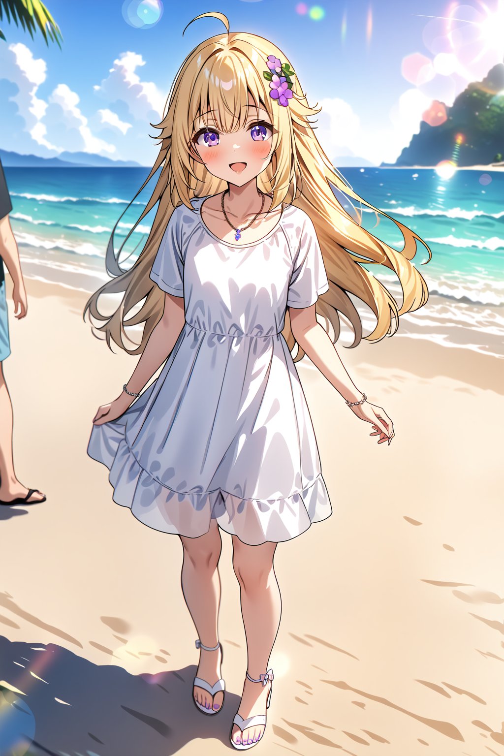 masterpiece, best quality,(1girl), solo,(depth of field),(solo focus),8K,HDR,(ultra high res),(highres),(full body),(lens flare),smiles,blush,ctiank0shi,ahoge (blonde hair),bangs,(long hair),(purple eyes),(hair ornament),(white dress),(short sleeves),(collarbone),(necklace),(white footwear),(sandals),(toenail polish),(standing),(outdoors),beach,ocean,sands,beach,morning,bokeh,