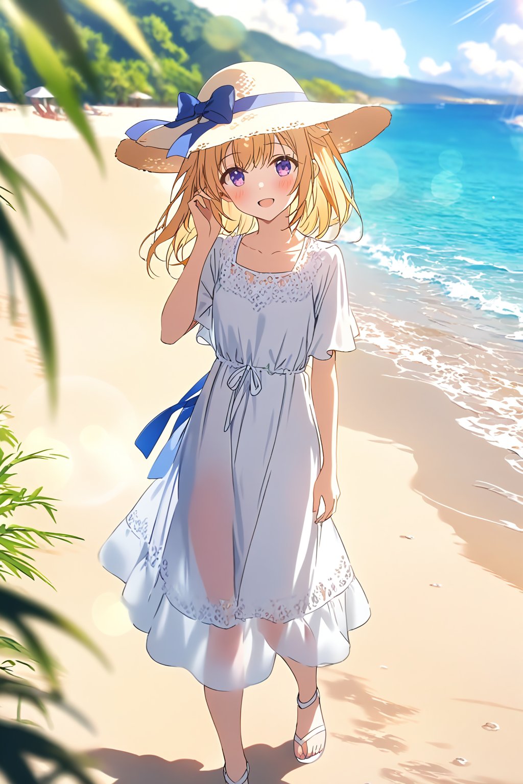 masterpiece, best quality,(1girl), solo,(depth of field),(solo focus),8K,HDR,(ultra high res),(highres),(full body),(lens flare),smiles,blush,ctiank0shi,ahoge (blonde hair),bangs,(long hair),(purple eyes),(hair ornament),(white headwear),(hat bow),(sun hat),(white dress),(short sleeves),(collarbone),(necklace),(white footwear),(sandals),(toenail polish),(standing),(outdoors),beach,ocean,sands,beach,morning,bokeh,