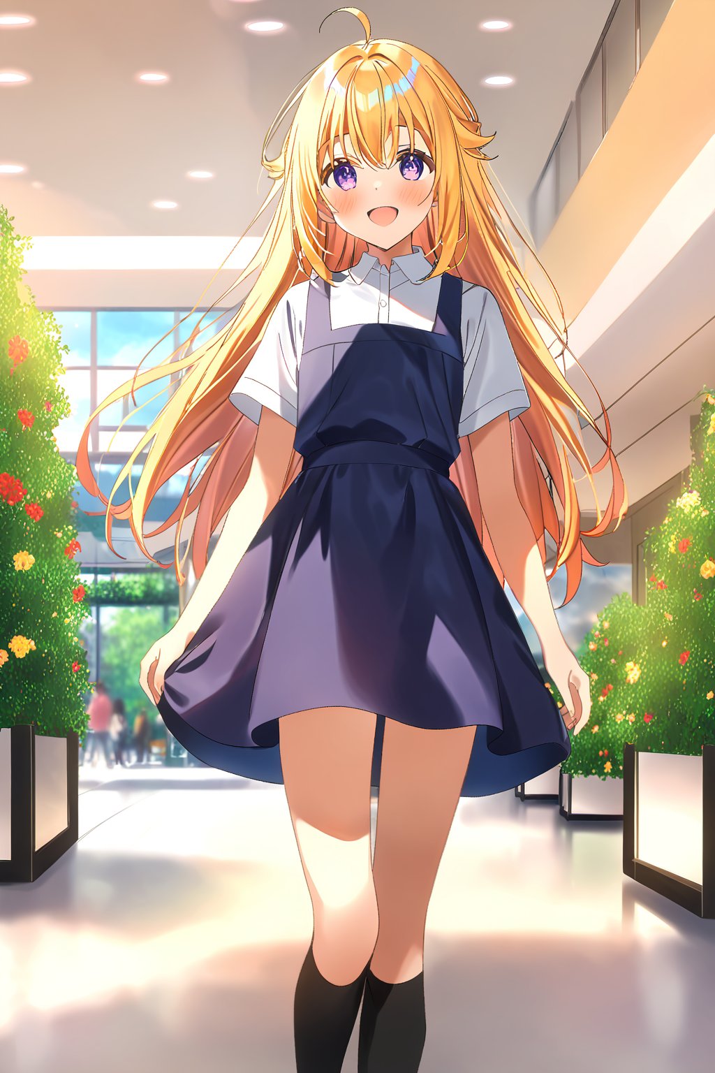 score_9, score_8_up, score_7_up, source_anime,masterpiece, best quality,(1girl), solo,(depth of field),(solo focus),8K,HDR,(ultra high res),(highres),(full body),(lens flare),smiles,blush,ctiank0shi,ahoge (blonde hair),bangs,(long hair),(purple eyes),(malaysian secondary school uniform),(schoollogo),(school's logo on right side (pinafore dress)),(aqua blue skirt),(blue pinafore),(collared shirt),(white shirt),(short sleeves),(black socks),(black footwear),(ballet flats),(holding school bag),(indoors),(shopping mall),bench, flower pot,bush, flag, tree pot, scenery, glass handrail, reflection, decorate ceiling, ceiling lighting,stainless