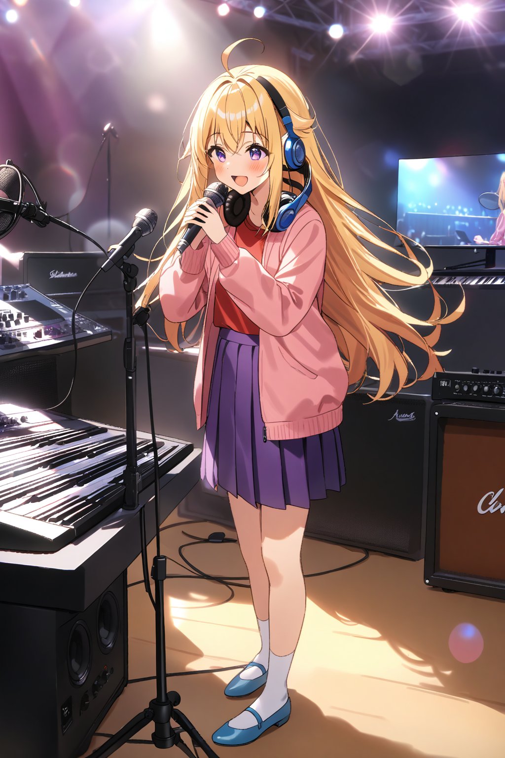 masterpiece, best quality,(1girl), solo,(depth of field),(solo focus),8K,HDR,(ultra high res),(highres),(full body),(lens flare),smiles,blush,ctiank0shi,ahoge (blonde hair),bangs,(long hair),(purple eyes),(pink cardigan),(open cardigan),(red shirt),(long sleeves),(purple skirt),(white socks),(blue footwear),(flats),(indoors),(amplifier),(cable),(computer keyboard),(pop filter),(contemporary),(music stand),(holding musical note),(headphones),(instrument),(music),(microphone stand),(singing),(speaker),(stage lights),(studio),(studio microphone )