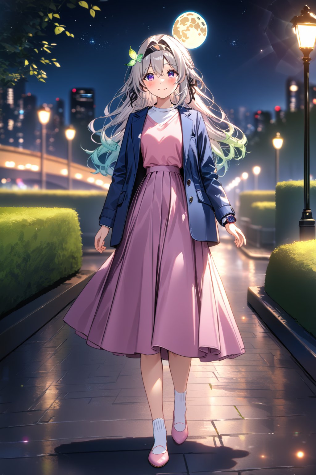 masterpiece, best quality,(1girl), solo,(depth of field),(solo focus),8K,HDR,(ultra high res),(highres),(Exquisite visuals),(narrow waist),(full body),(lens flare),smiles,blush,(nice hands), (perfect hands),((absurdres)),Firefly,(parted bangs),(purple eyes),(grey hair),(gradient hair),(hair intakes),(long hair),(black hairband),(leaf hair ornament),(black ribbon),(hair between eyes),(blue jacket),(pink shirt),(purple skirt),(white socks),(pink footwear),(flats),(digital watch),walking,park,cityscape,river,lamppost,(night sky),(star \(sky\)),(full moon),(culture),