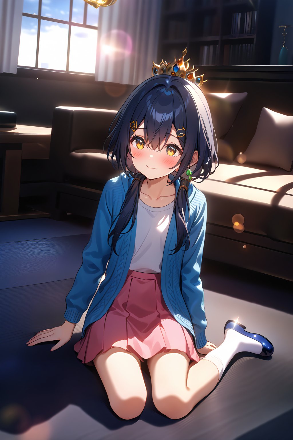 masterpiece, best quality,(1girl), solo,(depth of field),(solo focus),8K,HDR,(ultra high res),(highres),(full body),(perfect lighting),(lens flare),smiles,blush,(closed mouth),(yunli),(dark blue hair),(short hair with long locks),(low twintails),(yellow eyes),(hair between eyes),(single earrings),(crown),(hairclip),(headpiece),(hair ornament),(low ponytail),(double ponytail),(blue cardigan),(open cardigan),(white shirt),(collarbone),(pink skirt),(white socks),(blue footwear),(mary janes),(no shoes),(indoor),(living room),clock,(sitting on couch),curtains,carpet,bookshelf,(modern room),(tile floor), 