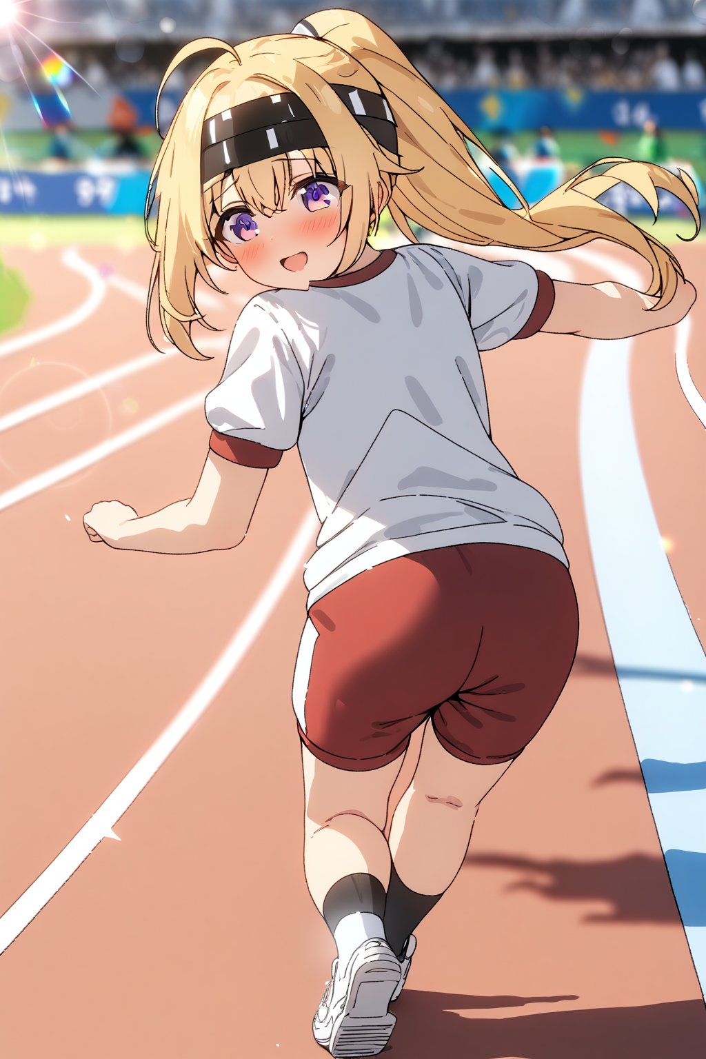 masterpiece, best quality,(1girl), solo,(depth of field),(solo focus),8K,HDR,(ultra high res),(highres),(full body),(lens flare),smiles,blush,ctiank0shi,ahoge (blonde hair),bangs,(long hair),(ponytail),(purple eyes),(headband),(white shirt),(red shorts),(gym uniform),(short sleeves),(black socks),(white footwear),(sneakers),(outdoors),(running track),(sports festival),(running),(finish line),