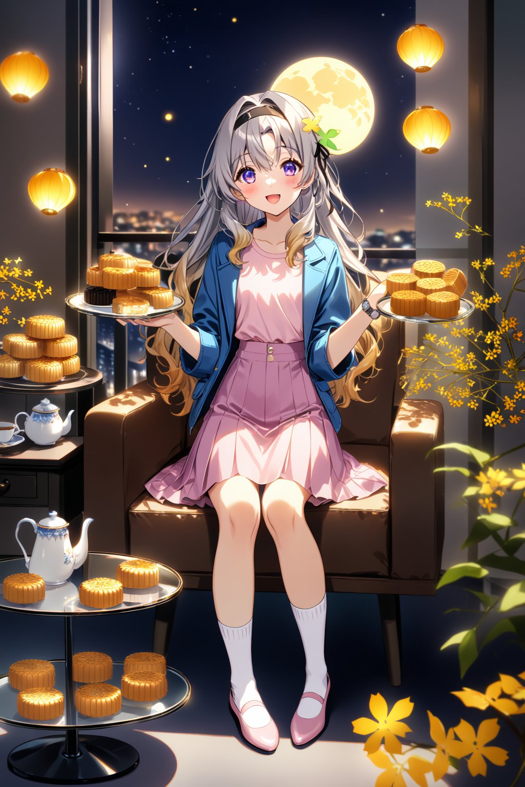 masterpiece, best quality,(1girl), solo,(depth of field),(solo focus),8K,HDR,(ultra high res),(highres),(Exquisite visuals),(narrow waist),(full body),(lens flare),smiles,blush,(nice hands), (perfect hands),((absurdres)),Firefly,(parted bangs),(purple eyes),(grey hair),(gradient hair),(hair intakes),(long hair),(black hairband),(leaf hair ornament),(black ribbon),(hair between eyes),(blue jacket),(pink shirt),(purple skirt),(white socks),(pink footwear),(flats),(digital watch),(indoors),midautumn_fes,(sky lantern),(sitting),(on chair),(armchair),(balcony),(((light brown mooncake),food)on plate),(holding lantern),(maple leaf),(teacup),(teapot),(sanbou),(tsukimi dango),((glass table),(round table)),(gold osmanthus),(yellow flower),(night sky),(star \(sky\)),(full moon),(culture),