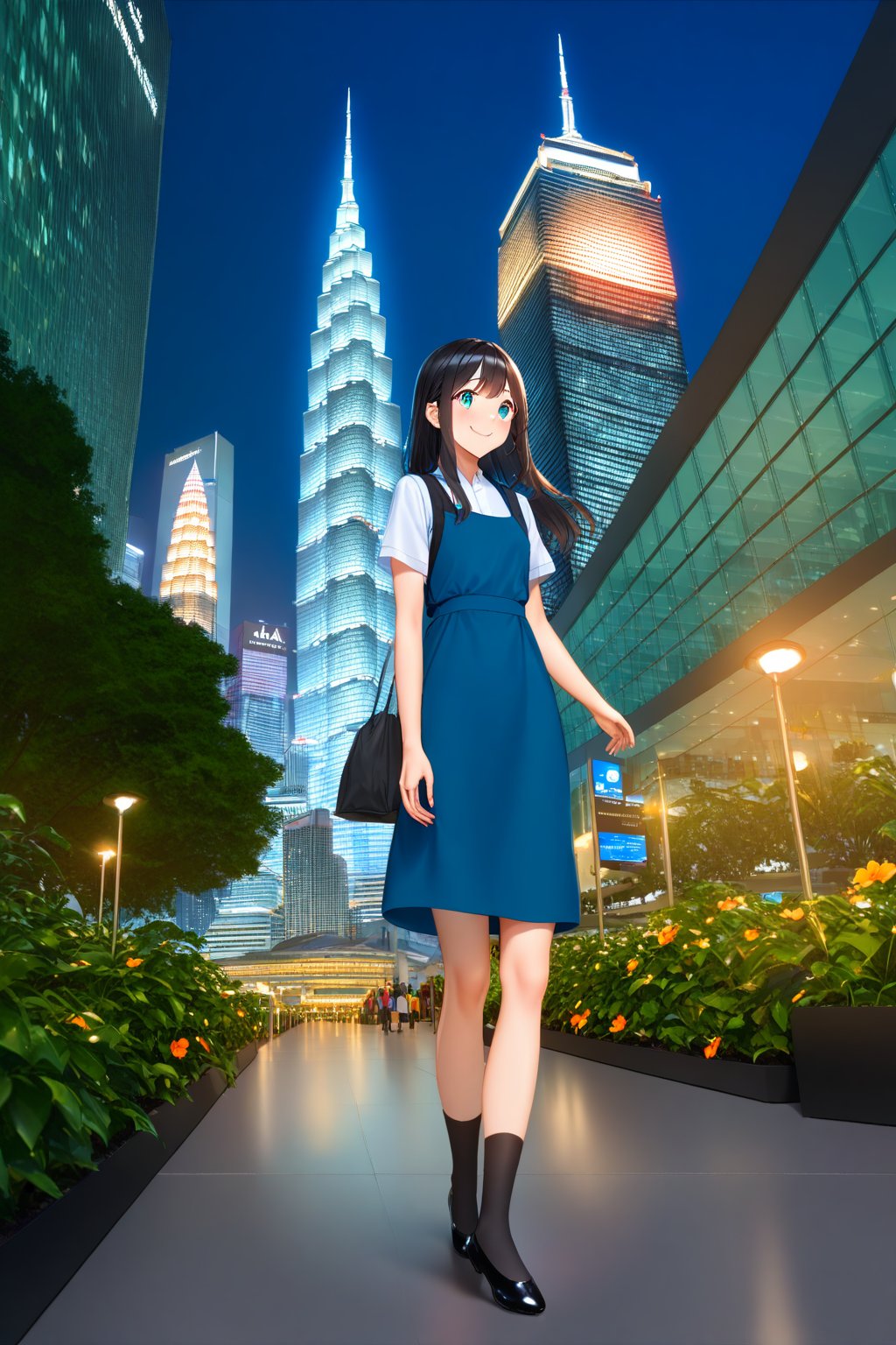 masterpiece, best quality,(1girl), solo,(depth of field),(solo focus),8K,HDR,(ultra high res),(highres),(full body),(lens flare),smiles,blush,(closed mouth),(black hair), (long hair),(aqua eyes),(floating hair), sidelocks,(malaysian secondary school uniform),(schoollogo),(school's logo on right side (pinafore dress)),(aqua blue skirt),(blue pinafore),(collared shirt),(white shirt),(short sleeves),(black socks),(black footwear),(ballet flats),(standing),(outdoors),(cityspace),(holding bag),(lamppost),(building),urban,(petronas twin tower),(Longhouse),(national airport tower),KLCC,(Kuala Lumpur countryside),(Kuala Lumper Tower),Malaysia,(blue sky),landmarks,night,fireworks, 🎇, 🎆,(Hibiscus rosa-sinensis),flower,