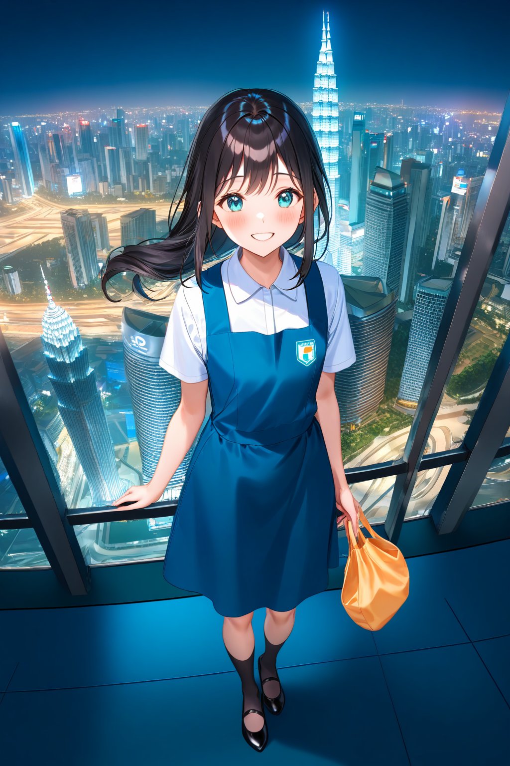 masterpiece, best quality,(1girl), solo,(depth of field),(solo focus),8K,HDR,(ultra high res),(highres),(full body),(lens flare),smiles,blush,(black hair), (long hair),(aqua eyes),(floating hair), sidelocks,(malaysian secondary school uniform),(schoollogo),(school's logo on right side (pinafore dress)),(aqua blue skirt),(blue pinafore),(collared shirt),(white shirt),(short sleeves),(black socks),(black footwear),(ballet flats),(standing),(outdoors),(cityspace),(holding bag),(lamppost),(building),urban,(petronas twin tower),(Longhouse),(national airport tower),KLCC,(Kuala Lumpur countryside),(Kuala Lumper Tower),Malaysia,(blue sky),landmarks,night,firework,(Hibiscus rosa-sinensis),flower,street