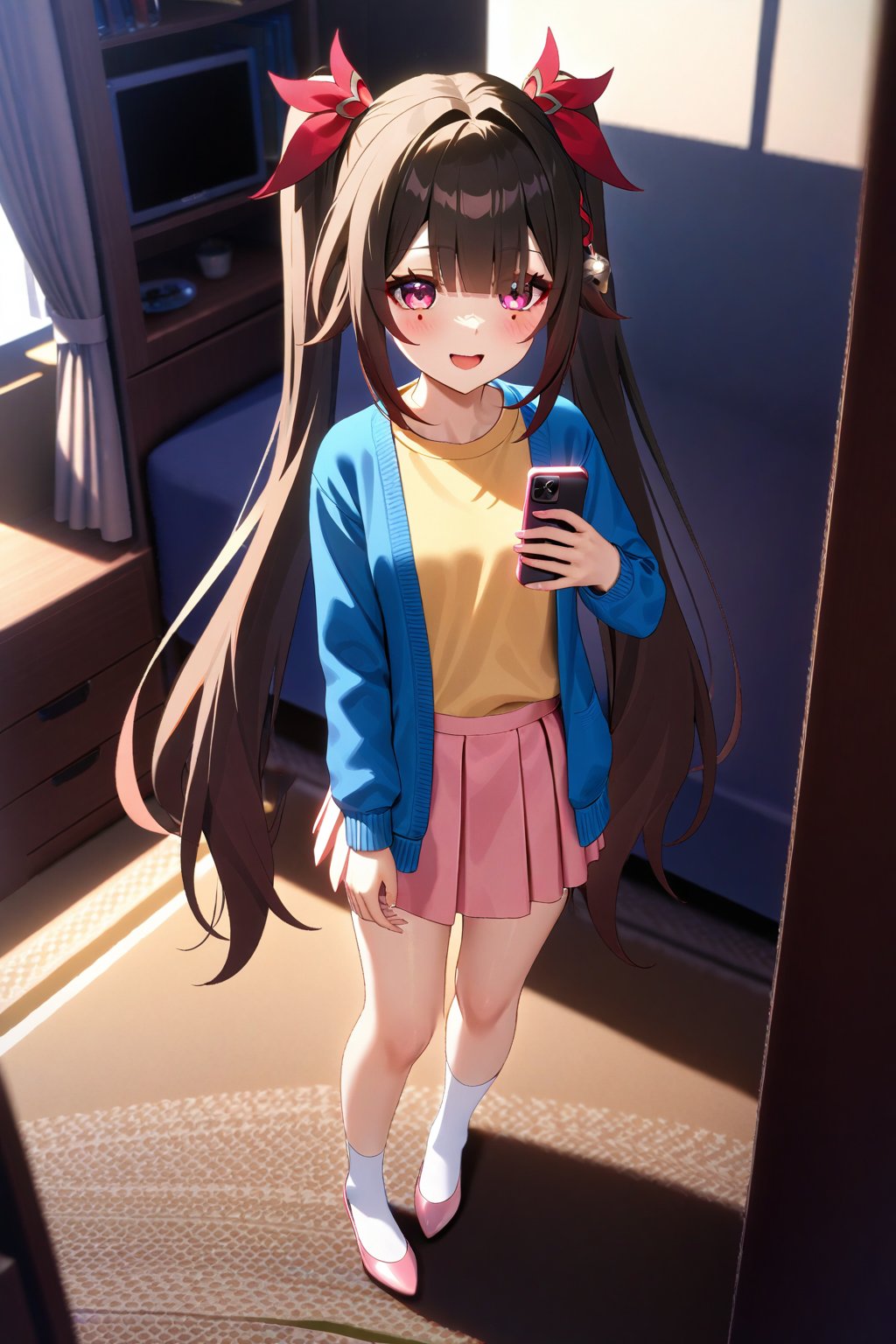 masterpiece, best quality,(1girls), solo,(depth of field),(solo focus),8K,HDR,(ultra high res),(highres),(full body),(full body),(perfect lighting),(lens flare),smiles,blush,(nice hands), (perfect hands),(sparkle \(honkai: star rail\)),(wispy bangs),(dark brown hair),(pink eyes),(very long hair),(twintails),(hair between eyes),(hair ornament),(blue cardigan),(open cardigan),(yellow shirt),(long sleeves),(pink skirt),(white socks),(pink footwear),(flats),(standing),(indoors),(modern room),shelf,bed,curtain,carpet,(close mouth),(holding smartphone)