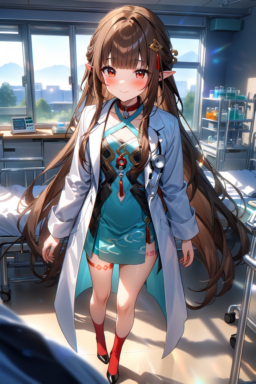 masterpiece, best quality,(1girl), solo,(depth of field),(solo focus),8K,HDR,(ultra high res),(highres),(full body),(lens flare),smiles,blush,(closed mouth), (lingsha),(blunt bangs),(brown hair),(very long hair),(red eyes),(pointy ears ),sidelocks,(hair ornament),(jewelry),(halterneck),(white coat),(lab coat),(blue shirt),(collar shirt),(aqua skirt),(red socks),(black footwear),(high heels),(leg tattoo),scenery,(indoors),(doctor),(bed sheet),cabinet,(blanket),curtains,(standing),(hospital bed),infirmary,lights, stool, day,laboratory,(holding clipboard),(stethoscope),