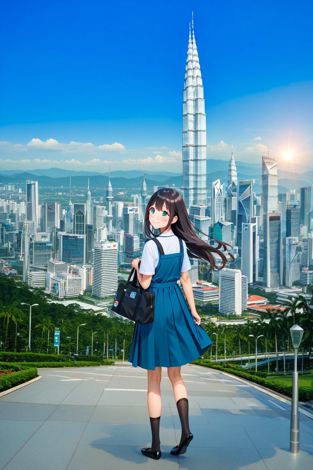 masterpiece, best quality,(1girl), solo,(depth of field),(solo focus),8K,HDR,(ultra high res),(highres),(full body),(lens flare),smiles,blush,(closed mouth),(black hair), (long hair),(aqua eyes),(floating hair), sidelocks,(malaysian secondary school uniform),(schoollogo),(school's logo on right side (pinafore dress)),(aqua blue skirt),(blue pinafore),(collared shirt),(white shirt),(short sleeves),(black socks),(black footwear),(ballet flats),(standing),(outdoors),(cityspace),(holding bag),(lamppost),urban,(petronas twin tower),(Longhouse) ,(national airport tower),KLCC,(Kuala Lumpur countryside),(Kuala Lumper Tower),Malaysia,(blue sky),landmarks 