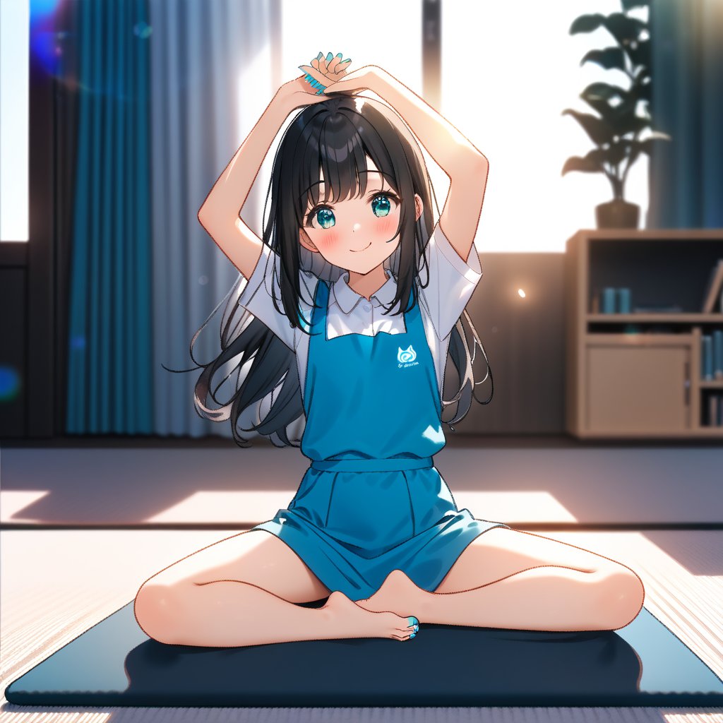 masterpiece, best quality,(1girls), solo,(depth of field),(solo focus),8K,HDR,(ultra high res),(highres),(full body),(perfect lighting),(lens flare),smiles,blush,(nice hands), (perfect hands),(black hair), (long hair),(aqua eyes),(floating hair), sidelocks,(malaysian secondary school uniform),(schoollogo),(school's logo on right side (pinafore dress)),(aqua blue skirt),(blue pinafore),(collared shirt),(white shirt),(short sleeves),(no shoes),(barefoot),(feet),(toenail polish),(aqua nails),(indoors),(sitting),(carpet),(room),(tiles floor),window,curtains,(bookshelf),(leaning forward),(yoga mat),(yoga),(yujia pose),(arms up),stretch,