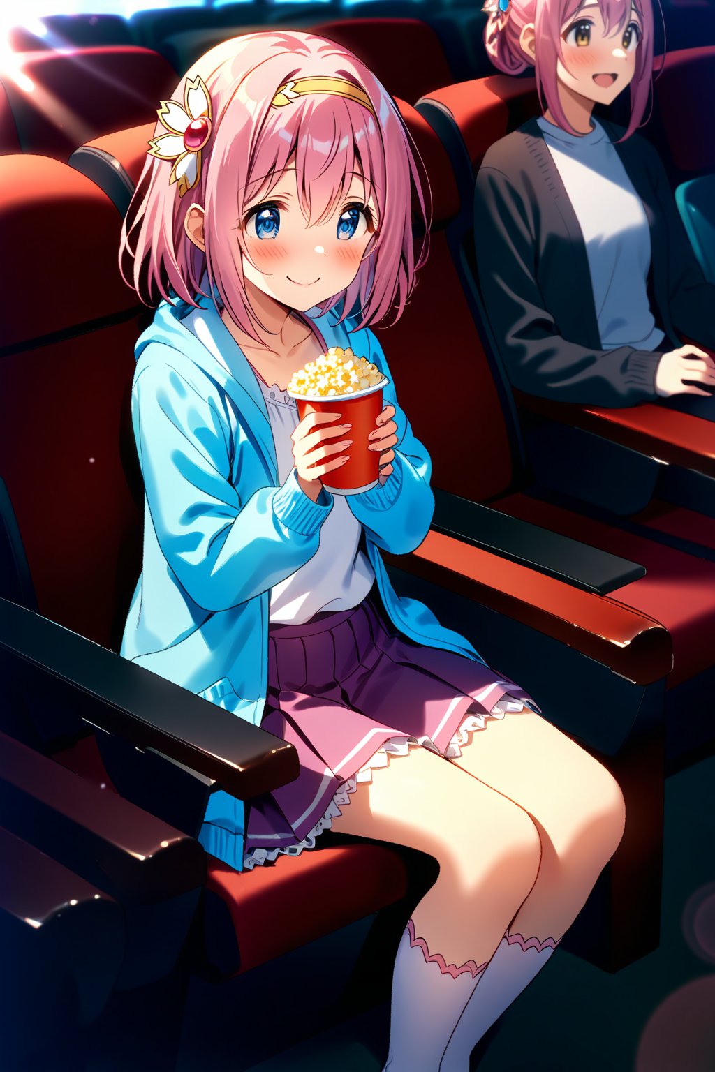 masterpiece, best quality,(1girl), solo,(depth of field),(solo focus),8K,HDR,(ultra high res),(highres),(full body),(lens flare),smiles,blush,(closed mouth),(yui \(princess connect!\)),bangs,(pink hair), (blue eyes), (medium hair), (hair between eyes),(yellow hairband),(hair ornament),(blue cardigan),(open cardigan),(white shirt),(collarbine),(purple skirt),(long sleeves),(white socks),(pink footwear),(ballet flats),(sitting),indoors, cinema,(holding food),(popcorn),(disposable cup),(drink),(movie theater),(theater seating),