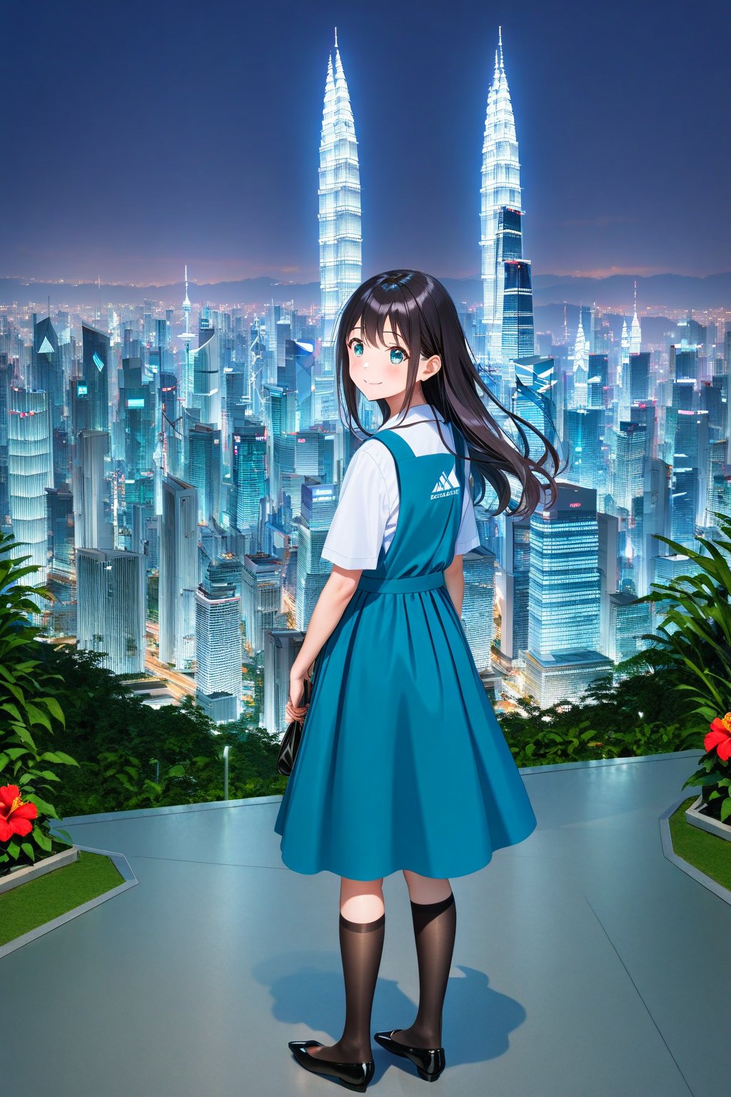 masterpiece, best quality,(1girl), solo,(depth of field),(solo focus),8K,HDR,(ultra high res),(highres),(full body),(lens flare),smiles,blush,(closed mouth),(black hair), (long hair),(aqua eyes),(floating hair), sidelocks,(malaysian secondary school uniform),(schoollogo),(school's logo on right side (pinafore dress)),(aqua blue skirt),(blue pinafore),(collared shirt),(white shirt),(short sleeves),(black socks),(black footwear),(ballet flats),(standing),(outdoors),(cityspace),(holding bag),(lamppost),(building),urban,(petronas twin tower),(Longhouse),(national airport tower),KLCC,(Kuala Lumpur countryside),(Kuala Lumper Tower),Malaysia,(blue sky),landmarks,night,firework,(Hibiscus rosa-sinensis),flower,