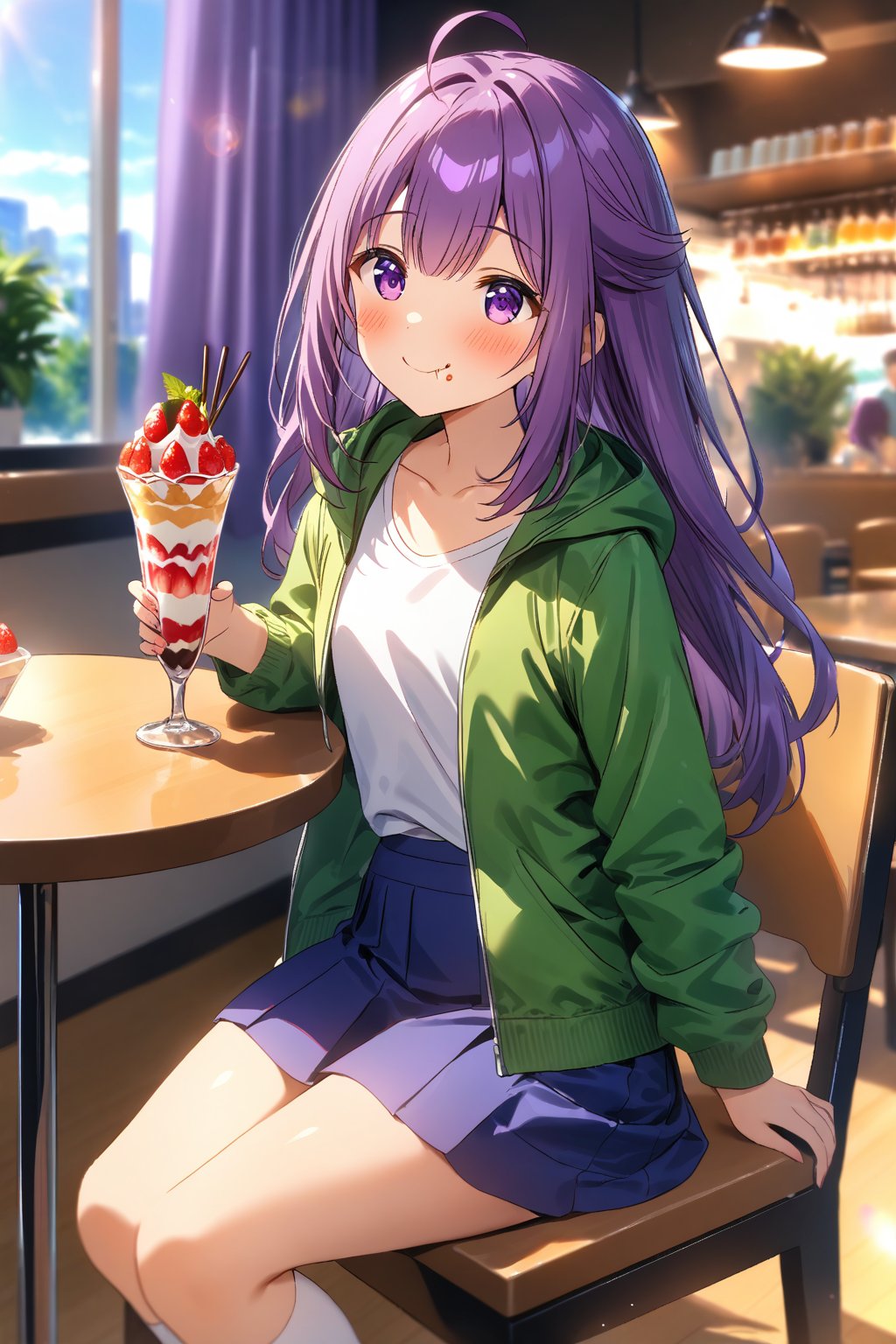 masterpiece, best quality,(1girl), solo,(depth of field),(solo focus),8K,HDR,(ultra high res),(highres),(full body),(perfect lighting),(lens flare),smiles,blush,(KJOANKO),(ahoge),(bangs),(purple hair),(long hair),(purple eyes),(green jacket),(open jacket),(white shirt),(collarbone),(blue skirt),(white socks),(purple footwear),(flats),(cafe),indoors,(table),(eating parfait),(food on table),(holding spoon),(strawberry parfait),(drink)(modern cafe),(led lights),curtains,(sitting on chair)