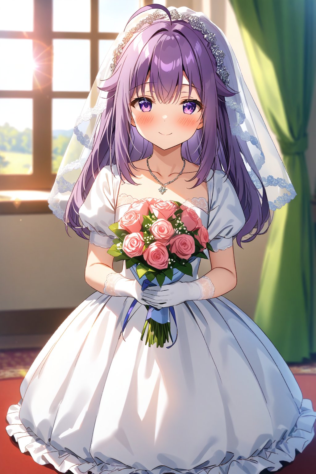 masterpiece, best quality,(1girl), solo,(depth of field),(solo focus),8K,HDR,(ultra high res),(highres),(full body),(lens flare),smiles,blush,(closed mouth), (KJOANKO),(ahoge),(bangs),(purple hair),(long hair),(purple eyes),(collarbone),(hair ornament),(wedding dress), (white dress),(puffy short sleeves),(frilled dress),(white shirt),(skirt), ((white gloves),(lace-trimmed gloves)),(elbow gloves), necklace,jewelry,(white legwear),(no shoes), indoors,standing,room, window, curtains, carpet,veil,(holding bouquet),