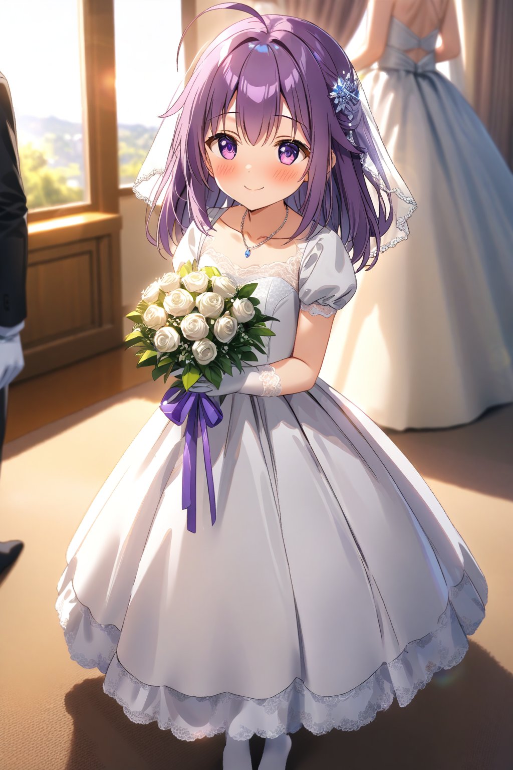 masterpiece, best quality,(1girl), solo,(depth of field),(solo focus),8K,HDR,(ultra high res),(highres),(full body),(lens flare),smiles,blush,(closed mouth), (KJOANKO),(ahoge),(bangs),(purple hair),(long hair),(purple eyes),(collarbone),(hair ornament),(wedding dress), (white dress),(puffy short sleeves),(frilled dress),(white shirt),(skirt), ((white gloves),(lace-trimmed gloves)),(elbow gloves), necklace,jewelry,(white legwear),(no shoes), indoors,standing,room, window, curtains, carpet,veil,(holding bouquet),