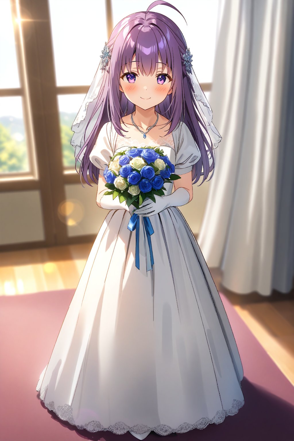 masterpiece, best quality,(1girl), solo,(depth of field),(solo focus),8K,HDR,(ultra high res),(highres),(full body),(lens flare),smiles,blush,(closed mouth), (KJOANKO),(ahoge),(bangs),(purple hair),(long hair),(purple eyes),(collarbone),(hair ornament),(wedding dress), (white dress),(puffy short sleeves),(frilled dress),(white shirt),(skirt), ((white gloves),(lace-trimmed gloves)),(elbow gloves), necklace,jewelry,(white footwear),(high heels), indoors,standing,room, window, curtains, carpet,veil,(holding bouquet),