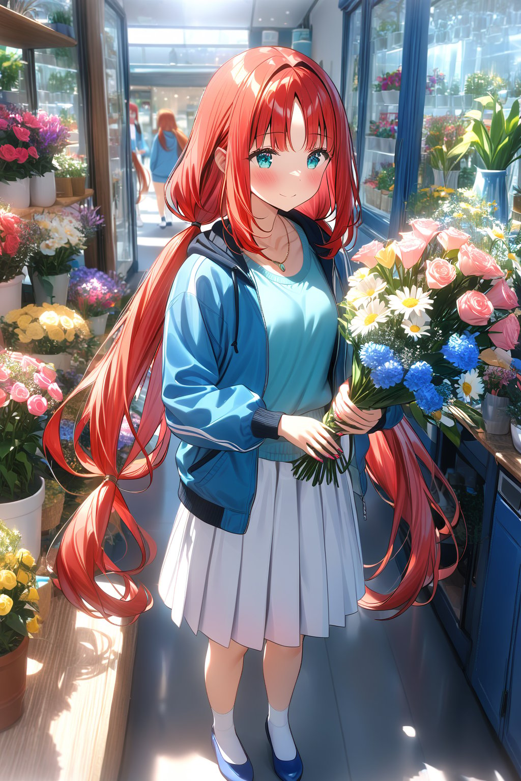 masterpiece, best quality,(1girl), solo,(depth of field),(solo focus),8K,HDR,(ultra high res),(highres),(full body),(lens flare),smiles,blush,(closed mouth),(nilou),(red hair),(nail polish), (aqua eyes), (very long hair), (low twintails),(collarbone),(necklace),(blue jacket),(open jacket),(pink shirt),(white skirt),(white socks),(blue footwear),(flats),(standing),(indoors),curtains,(flower shop),(shop),(holding bouquet),florist,(loaded interior),(potted plant),(flower),vase,wreath,