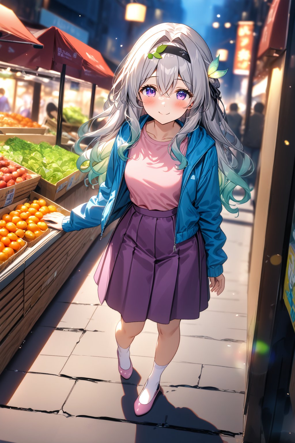 masterpiece, best quality,(1girl), solo,(depth of field),(solo focus),8K,HDR,(ultra high res),(highres),(Exquisite visuals),(narrow waist),(full body),(lens flare),smiles,blush,(nice hands), (perfect hands),((absurdres)),Firefly,(parted bangs),(purple eyes),(grey hair),(gradient hair),(hair intakes),(long hair),(black hairband),(leaf hair ornament),(black ribbon),(hair between eyes),(blue jacket),(pink shirt),(purple skirt),(white socks),(pink footwear),(flats),(outdoors),(cityspace),(market stall),(human road),street,night,