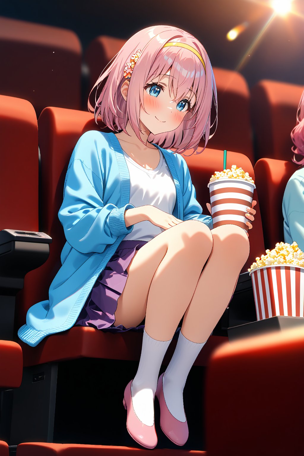 masterpiece, best quality,(1girl), solo,(depth of field),(solo focus),8K,HDR,(ultra high res),(highres),(full body),(lens flare),smiles,blush,(closed mouth),( yuipcrbase),bangs,(pink hair), (blue eyes), (medium hair), (hair between eyes),(yellow hairband),(hair ornament),(blue cardigan),(open cardigan),(white shirt),(collarbine),(purple skirt),(long sleeves),(white socks),(pink footwear),(ballet flats),(sitting),indoors, cinema,(holding food),(popcorn),(disposable cup),(drink),(movie theater),(theater seating),