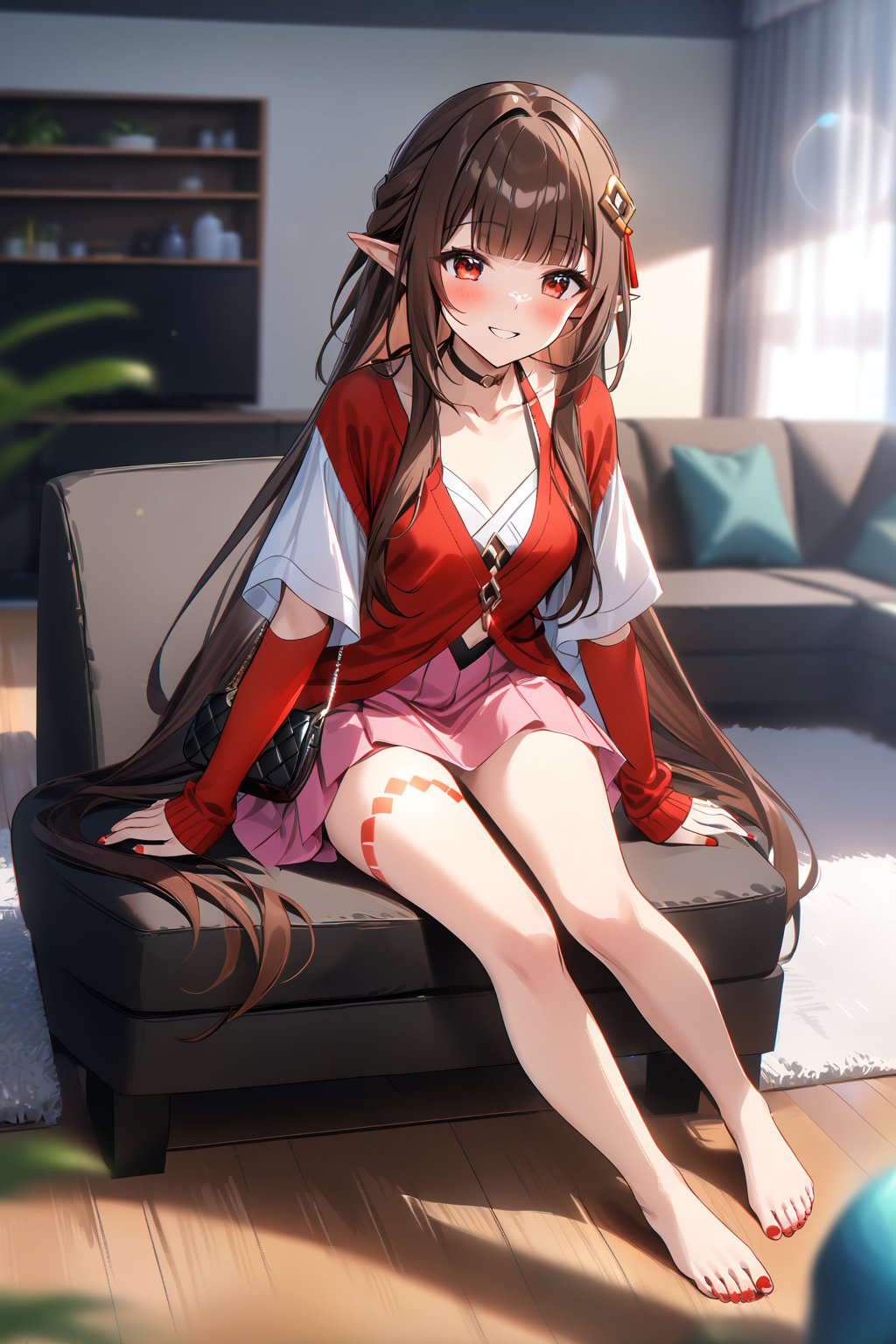 masterpiece, best quality,(1girl), solo,(depth of field),(solo focus),8K,HDR,(ultra high res),(highres),(full body),(lens flare),smiles,blush,(lingsha),(blunt bangs),(brown hair),(very long hair),(red eyes),(pointy ears ),sidelocks,(hair ornament),(jewelry),(halterneck),(red cardigan),(open cardigan),(white shirt),(collarbone),(pink skirt),(red socks),(barefoot),(toenail polish),(red nails),(leg tattoo),(handbag),indoors,(living room),(shelf),(air condition),(modern room),(curtain),carpet,(sitting on couch),