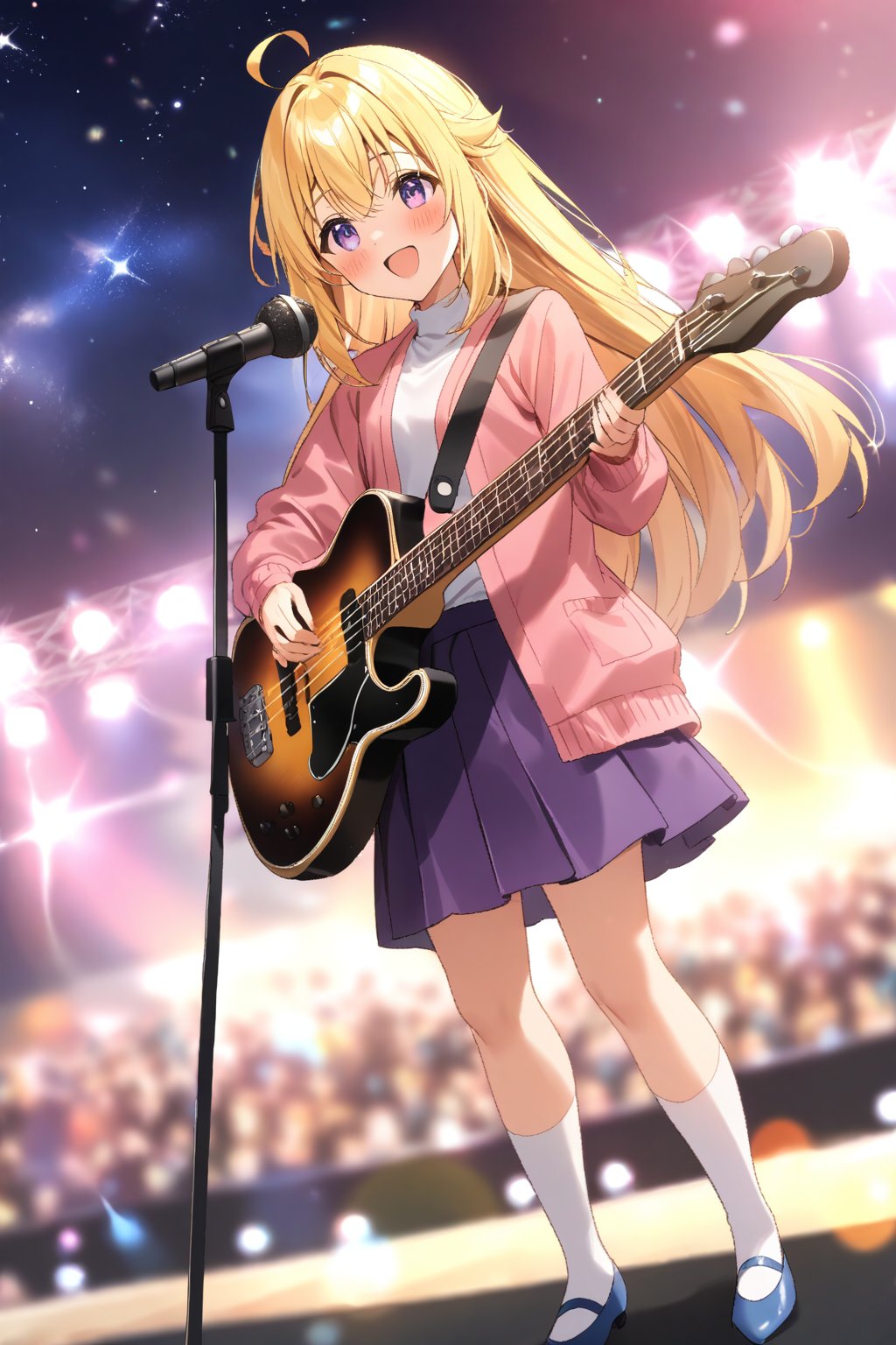 masterpiece, best quality,(1girl), solo,(depth of field),(solo focus),8K,HDR,(ultra high res),(highres),(full body),(lens flare),smiles,blush,ctiank0shi,ahoge (blonde hair),bangs,(long hair),(purple eyes),(pink cardigan),(open cardigan),(red shirt),(long sleeves),(purple skirt),(white socks),(blue footwear),(flats),(outdoors),(holding bass guitar),(dutch angle),(microphone stand),music, singing,(stage lights),(star (sky)),(standing),audience