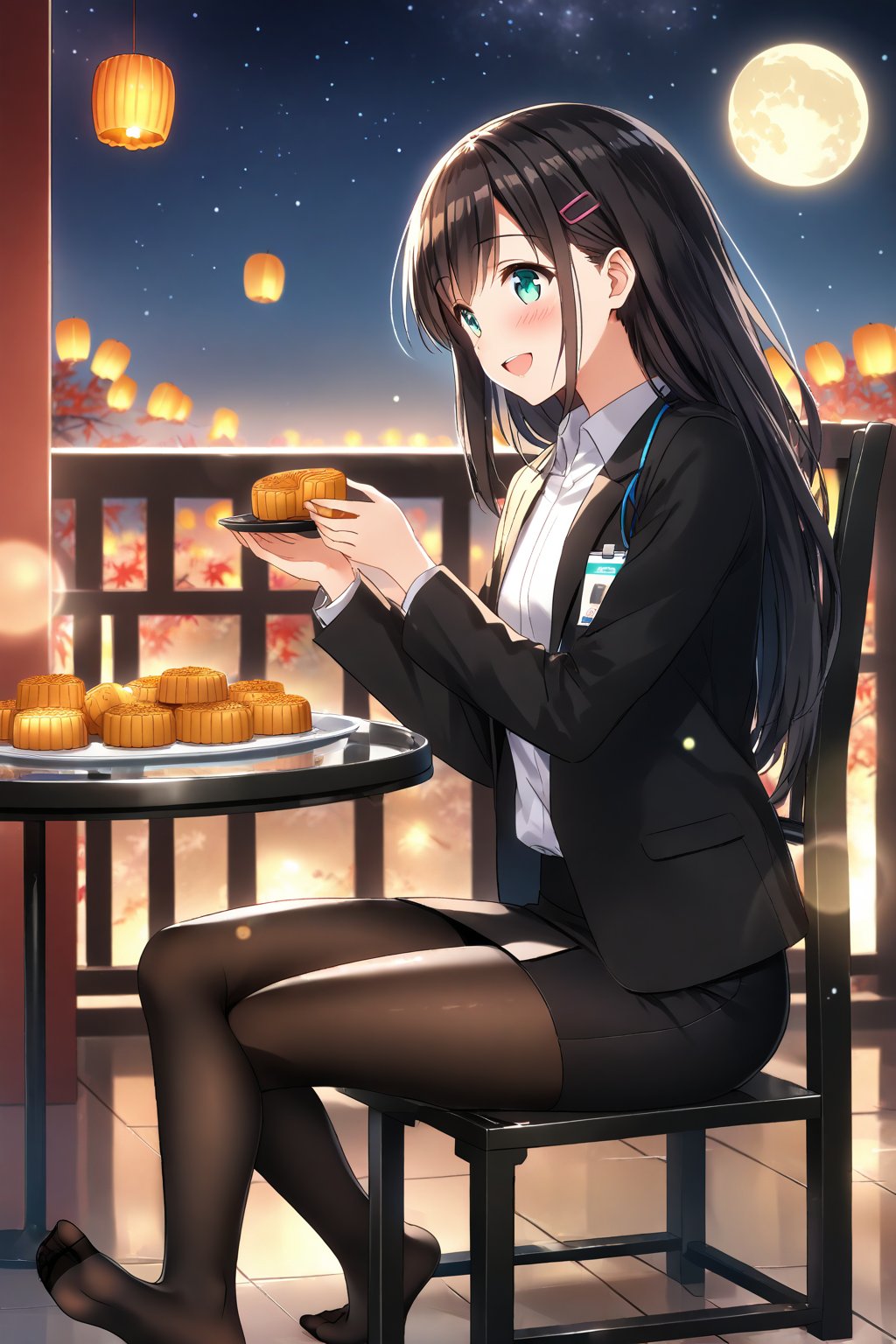 masterpiece, best quality,(1girl), solo,(depth of field),(solo focus),8K,HDR,(ultra high res),(highres),(full body),(full body),(lens flare),smiles,blush,(nice hands), (black hair),(long hair), bangs,(aqua eyes),(hairclip),(id card),(strap),(black jacket),(open jacket),(white shirt),(collared shirt),(black skirt),(pencil skirt),(black pantyhose),(no shoes),(unworn high heels),(mid-autumn festival),(sky lantern),(sitting),(on chair),(armchair),(balcony),(((brown mooncake),food)on plate),(holding mooncake),(maple leaf),(teacup),(teapot),(sanbou),(tsukimi dango),((glass table),(round table)),(gold osmanthus),(yellow flower),(night sky),(star \(sky\)),(full moon),(culture),china,(tile floor),