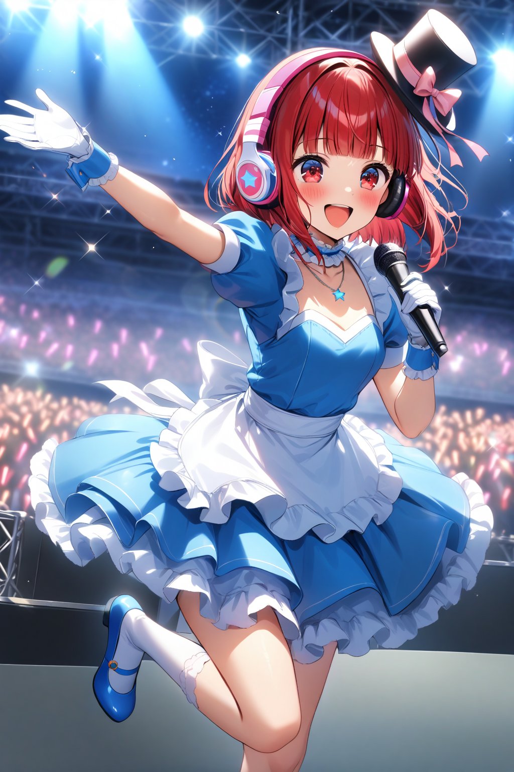 masterpiece, best quality,(1girl), solo,(depth of field),(solo focus),8K,HDR,(ultra high res),(highres),(full body),(lens flare),smiles,blush,(Kana-XL),(medium hair), (red eyes), (red hair),(blunt bangs),(top hat),(
hat bow),(idol clothes),(white bowtie),(blue dress),(frilled choker),(pink ribbon),(puffy short sleeves),(wrist cuffs)(white apron),(white gloves).(necklace),(white sock), (blue footwear),(mary janes),(pink headphones),(outdoors),(holding microphone),music, singing,(stage),(stage lights),(star (sky)),sparkle,(scaffolding),(standing),audience,glowstick,(outstretched arm),(feet out of frame),(leg up),