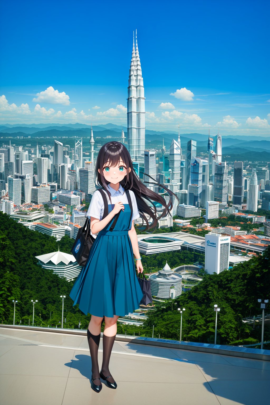 masterpiece, best quality,(1girl), solo,(depth of field),(solo focus),8K,HDR,(ultra high res),(highres),(full body),(lens flare),smiles,blush,(closed mouth),(black hair), (long hair),(aqua eyes),(floating hair), sidelocks,(malaysian secondary school uniform),(schoollogo),(school's logo on right side (pinafore dress)),(aqua blue skirt),(blue pinafore),(collared shirt),(white shirt),(short sleeves),(black socks),(black footwear),(ballet flats),(standing),(outdoors),(cityspace),(holding bag),(lamppost),urban,(petronas twin tower),(Longhouse) ,(national airport tower),KLCC,(Kuala Lumpur countryside),(Kuala Lumper Tower),Malaysia,(blue sky),landmarks 