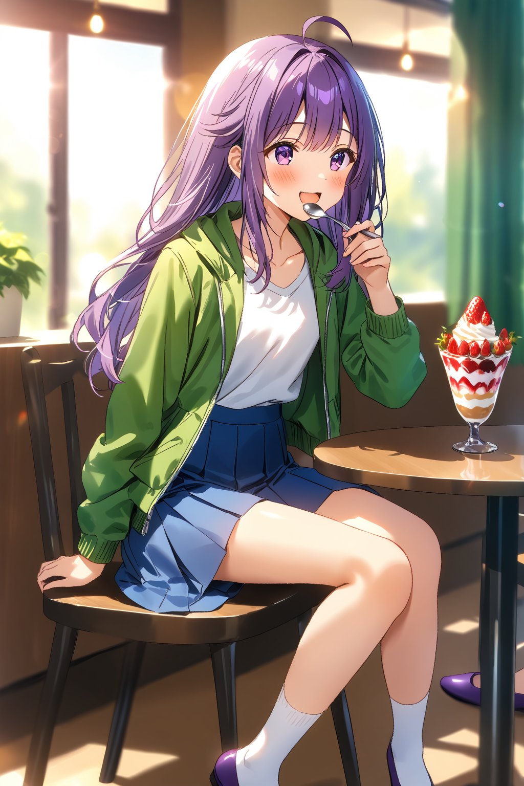 masterpiece, best quality,(1girl), solo,(depth of field),(solo focus),8K,HDR,(ultra high res),(highres),(full body),(perfect lighting),(lens flare),smiles,blush,(KJOANKO),(ahoge),(bangs),(purple hair),(long hair),(purple eyes),(green jacket),(open jacket),(white shirt),(collarbone),(blue skirt),(white socks),(purple footwear),(flats),(cafe),indoors,(table),(eating parfait),(food on table),(holding spoon),(strawberry parfait),(drink)(modern cafe),(led lights),curtains,(sitting on chair)