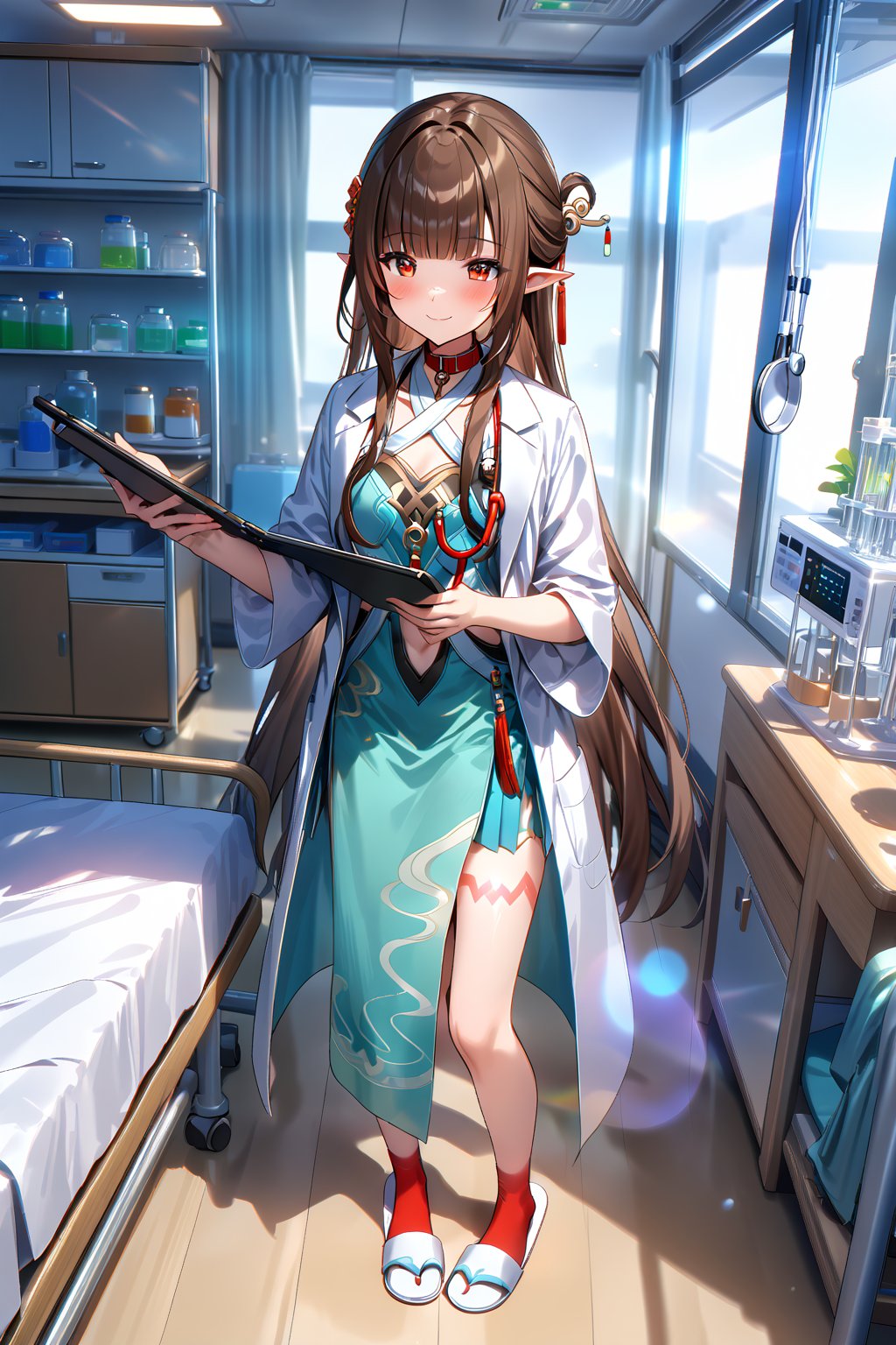 masterpiece, best quality,(1girl), solo,(depth of field),(solo focus),8K,HDR,(ultra high res),(highres),(full body),(lens flare),smiles,blush,(closed mouth), (lingsha),(blunt bangs),(brown hair),(very long hair),(red eyes),(pointy ears ),sidelocks,(hair ornament),(jewelry),(halterneck),(white coat),(lab coat),(blue shirt),(collar shirt),(aqua skirt),(red socks),(white footwear),(slippers),(leg tattoo),scenery,(indoors),(doctor),(bed sheet),cabinet,(blanket),curtains,(standing),(hospital bed),infirmary,lights, stool, day,laboratory,(holding clipboard),(stethoscope),