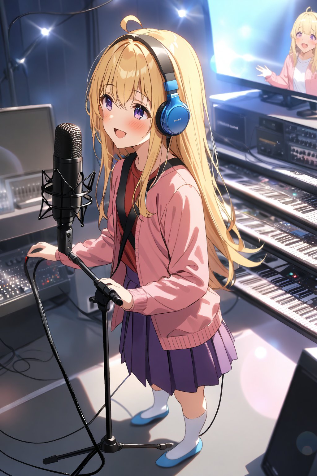 masterpiece, best quality,(1girl), solo,(depth of field),(solo focus),8K,HDR,(ultra high res),(highres),(full body),(lens flare),smiles,blush,ctiank0shi,ahoge (blonde hair),bangs,(long hair),(purple eyes),(pink cardigan),(open cardigan),(red shirt),(long sleeves),(purple skirt),(white socks),(blue footwear),(flats),(indoors),(amplifier),(cable),(computer keyboard),(pop filter),(contemporary),(music stand),(headphones),(instrument),(music),(microphone stand),(singing),(speaker),(stage lights),(studio),(studio microphone )