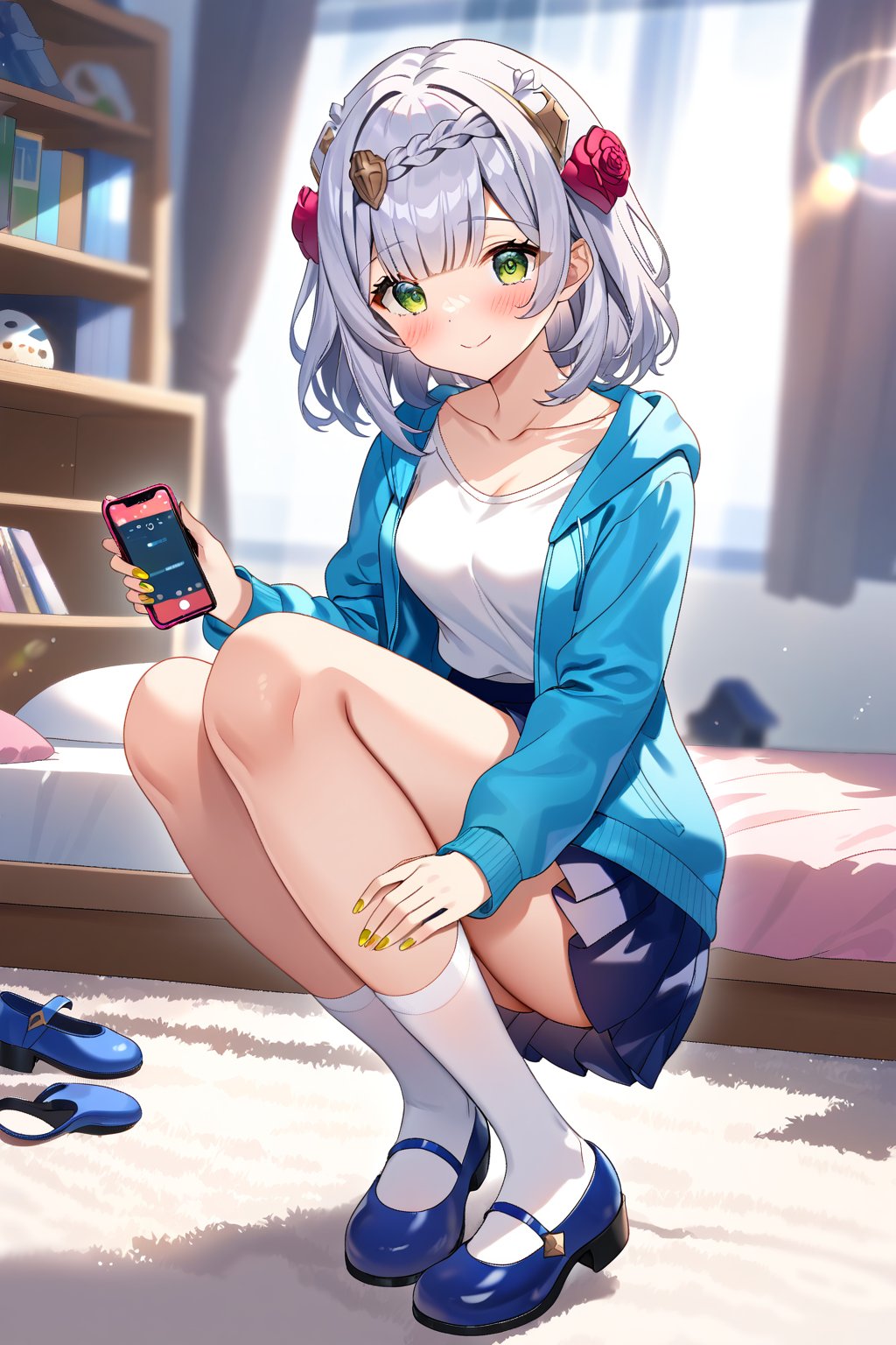 masterpiece, best quality,(1girl), solo,(depth of field),(solo focus),8K,HDR,(ultra high res),(highres),(full body),(lens flare),smiles,blush,(closed mouth),(noelle \(genshin impact\)),(green eyes),(blunt bangs),(grey hair),(braided bangs),(crown braid),(medium breasts),(medium hair),(red roses hair ornament),(gold nails),(alternate costume),(aqua blue jacket), (open jacket),(long sleeves),(white shirt),(blue skirt),(collarbone),(white socks),(blue footwear),(mary janes),(indoors),(messy room),(shelf),(curtains),(carpet),(bed),(window),(holding phone),