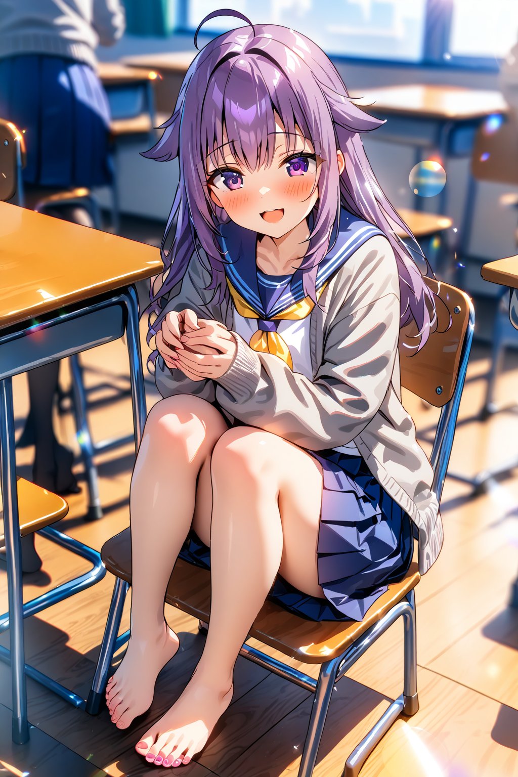 masterpiece, best quality,(1girl), solo,(depth of field),(solo focus),8K,HDR,(ultra high res),(highres),(full body),(full body),(lens flare),smiles,blush,(nice hands),(KJOANKO),(ahoge),(bangs),(purple hair),(long hair),(purple eyes),(hair flaps),(blue sailor collar),(open cardigan),(grey sweater),(yellow neckerchief),(long sleeves),(serafuku),(blue skirt),(barefoot),(toenail polish),(no shoes),(classroom),(sitting on chair),(table),