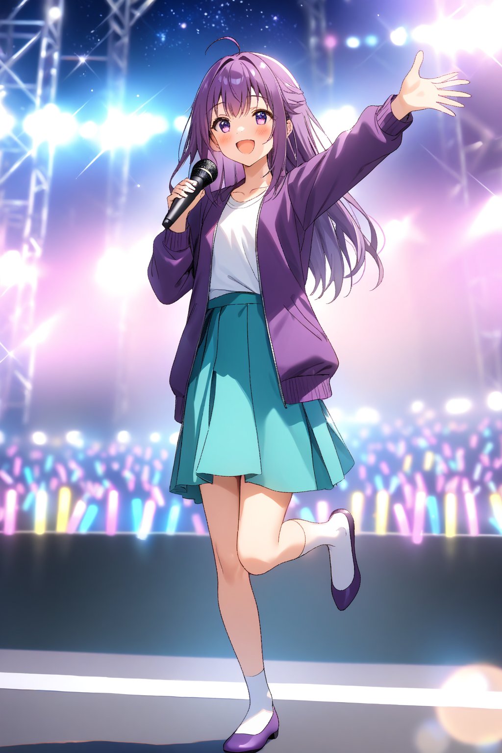 masterpiece, best quality,(1girl), solo,(depth of field),(solo focus),8K,HDR,(ultra high res),(highres),(full body),(lens flare),smiles,blush,(KJOANKO),(ahoge),(bangs),(purple hair),(long hair),(purple eyes),(purple jacket),(open jacket),(white shirt),(collarbone),(aqua skirt),(white socks),(purple footwear),(flats),(outdoors),(holding microphone),music, singing,(stage),(stage lights),(star (sky)),sparkle,(scaffolding),(standing),audience,glowstick,(outstretched arm),(feet out of frame),(leg up)