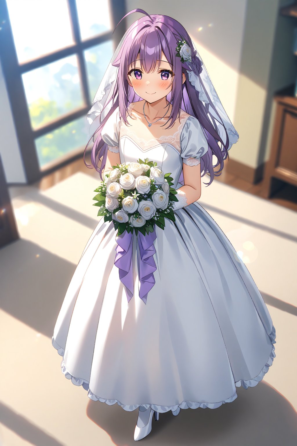 masterpiece, best quality,(1girl), solo,(depth of field),(solo focus),8K,HDR,(ultra high res),(highres),(full body),(lens flare),smiles,blush,(closed mouth), (KJOANKO),(ahoge),(bangs),(purple hair),(long hair),(purple eyes),(collarbone),(hair ornament),(wedding dress), (white dress),(puffy short sleeves),(frilled dress),(white shirt),(skirt), ((white gloves),(lace-trimmed gloves)),(elbow gloves), necklace,jewelry,(white legwear),(white footwear),(high heels), indoors,standing,room, window, curtains, carpet,veil,(holding bouquet),