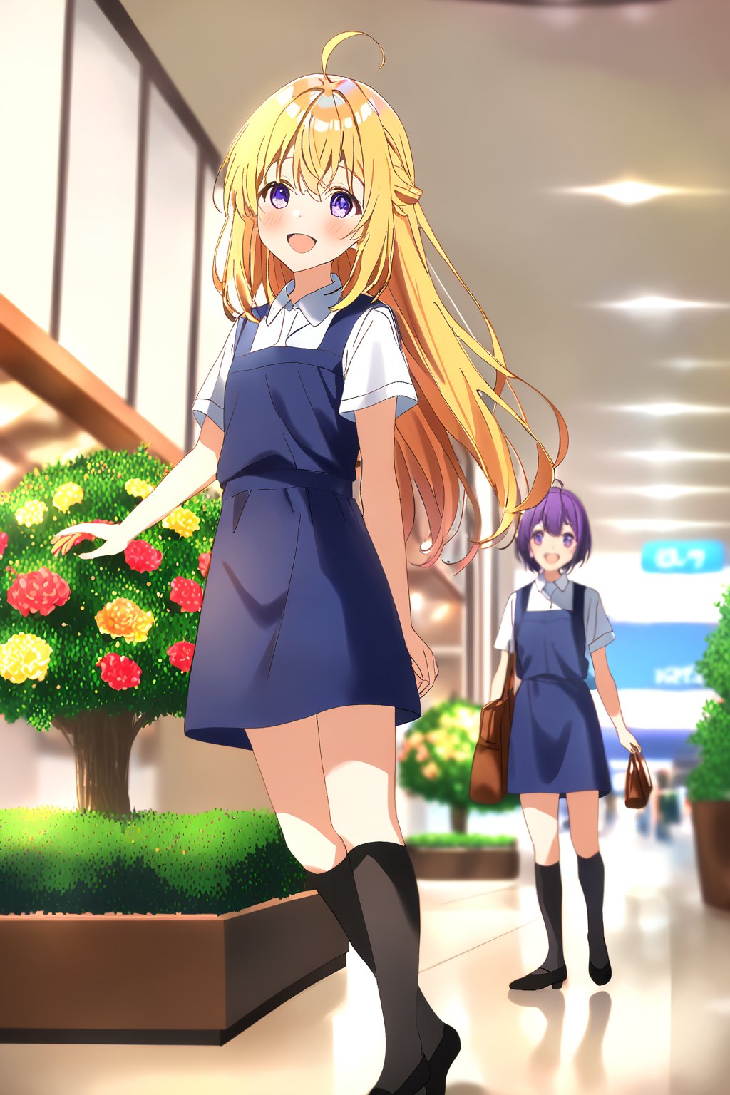 score_9, score_8_up, score_7_up, source_anime,masterpiece, best quality,(1girl), solo,(depth of field),(solo focus),8K,HDR,(ultra high res),(highres),(full body),(lens flare),smiles,blush,ctiank0shi,ahoge (blonde hair),bangs,(long hair),(purple eyes),(malaysian secondary school uniform),(schoollogo),(school's logo on right side (pinafore dress)),(aqua blue skirt),(blue pinafore),(collared shirt),(white shirt),(short sleeves),(black socks),(black footwear),(ballet flats),(holding school bag),(indoors),(shopping mall),bench, (flower pot),bush, flag, (tree pot), scenery, (glass handrail), reflection, (decorate ceiling),(ceiling lighting),stainless